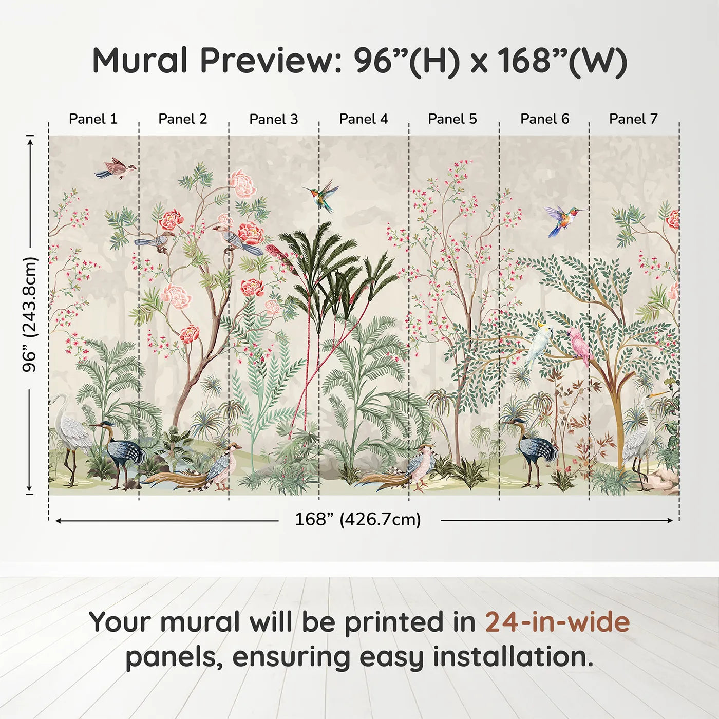 Whimsy Tots Exotic Bird Paradise Wall Muraldimension view (96" H x 168" W). Printed in seven 24-inch-wide panels. Gender-Neutral