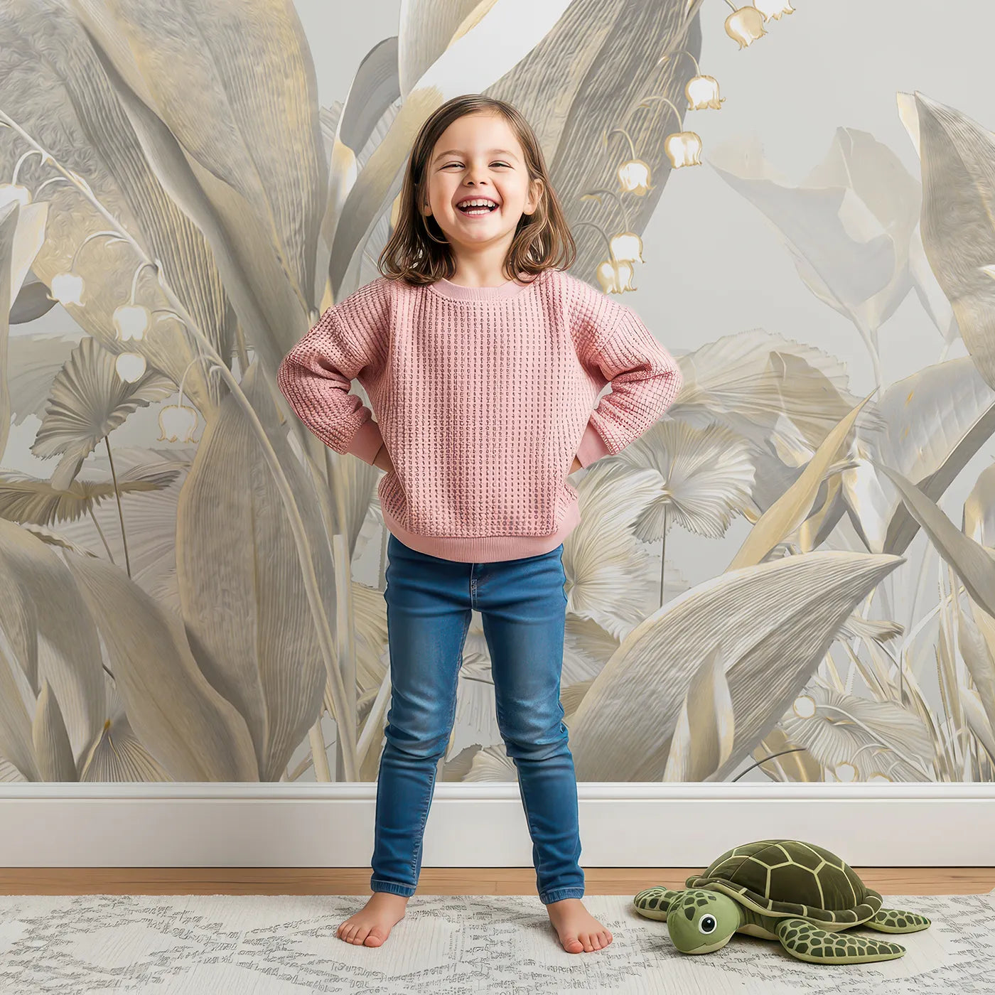 Child in front of Whimsy Tots Golden Grove Wall Mural with forest, mist, gold, beige, ethereal, magical, woods, flower in design.