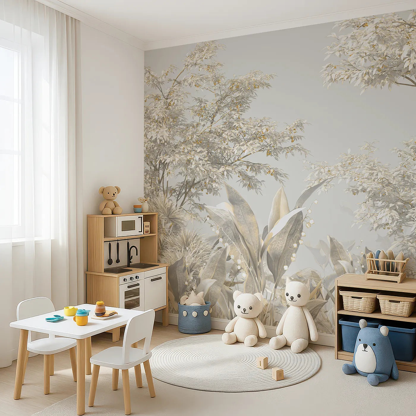 Angled view of Whimsy Tots' Golden Grove Wall Mural (Turn Their Room into an Ethereal, Sun-Drenched Forest).Gender-Neutral