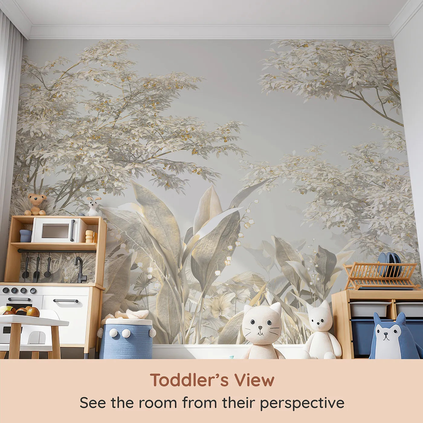 Whimsy Tots Golden Grove Wall Mural (Turn Their Room into an Ethereal, Sun-Drenched Forest) from your child's view.Gender-Neutral