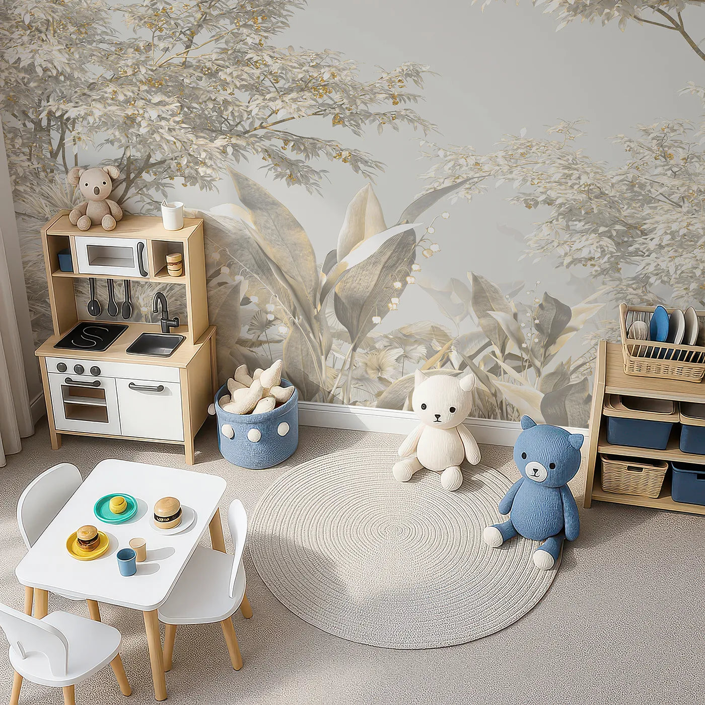 Top-down view of Whimsy Tots' Golden Grove Wall Mural (Turn Their Room into an Ethereal, Sun-Drenched Forest).Gender-Neutral