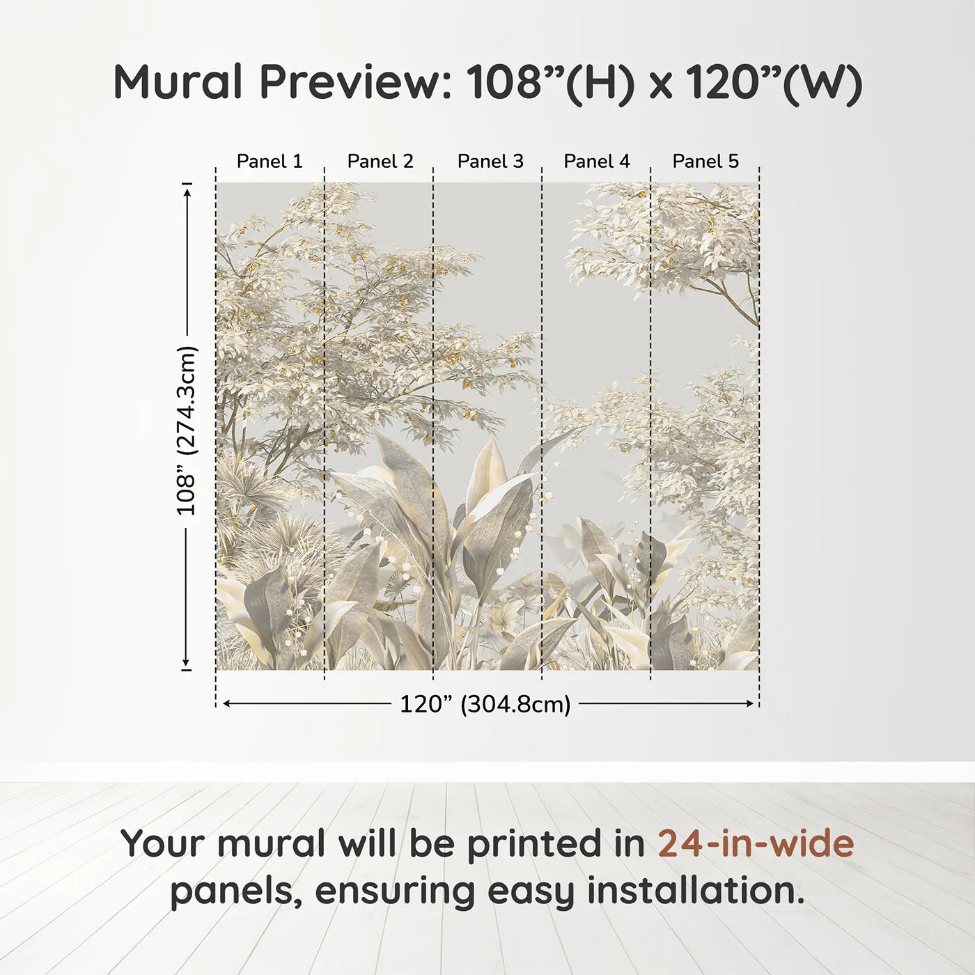 Whimsy Tots Golden Grove Wall Muraldimension view (108" H x 120" W). Printed in five 24-inch-wide panels. Gender-Neutral