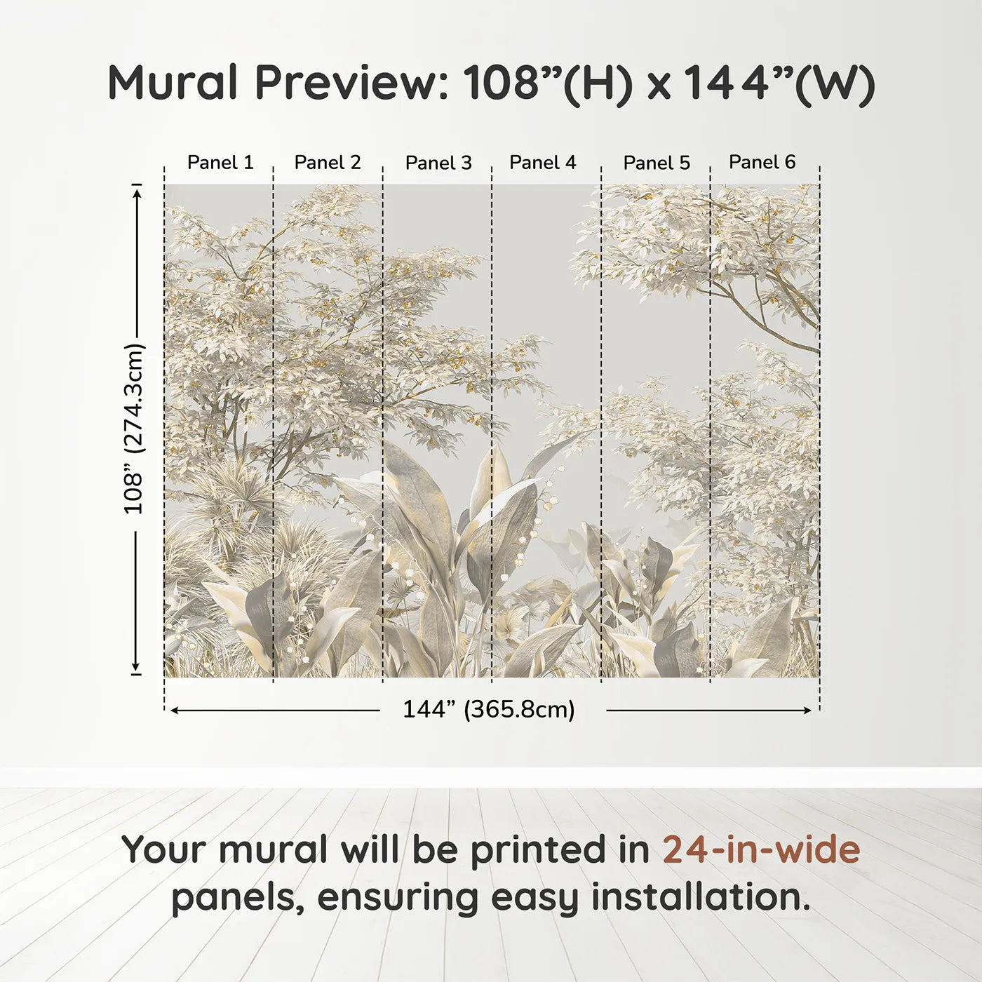 Whimsy Tots Golden Grove Wall Muraldimension view (108" H x 144" W). Printed in six 24-inch-wide panels. Gender-Neutral