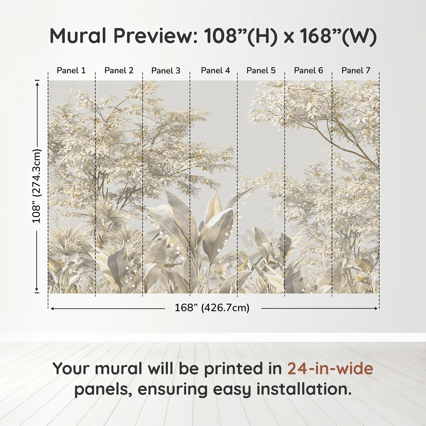 Whimsy Tots Golden Grove Wall Muraldimension view (108" H x 168" W). Printed in seven 24-inch-wide panels. Gender-Neutral