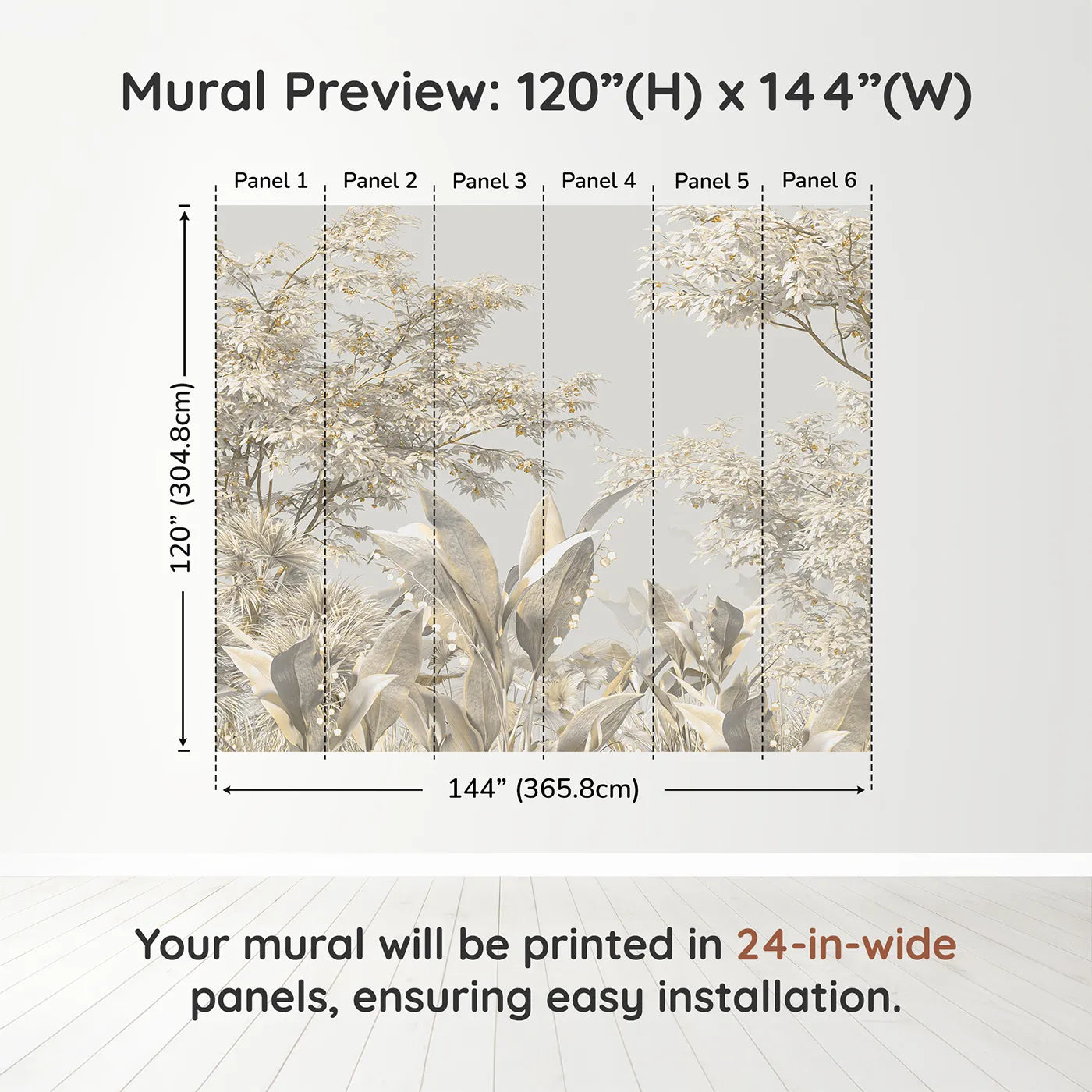 Whimsy Tots Golden Grove Wall Muraldimension view (120" H x 144" W). Printed in six 24-inch-wide panels. Gender-Neutral