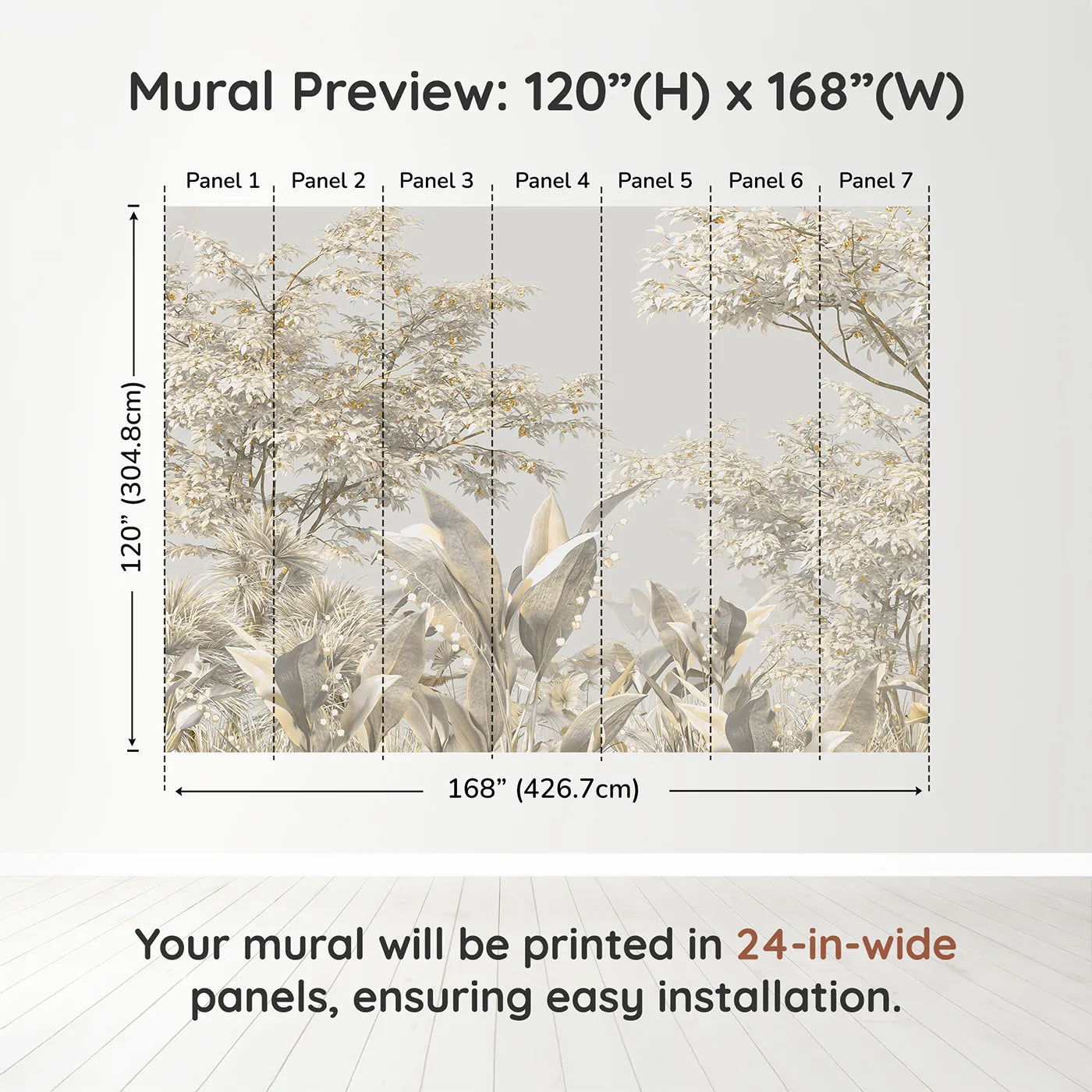 Whimsy Tots Golden Grove Wall Muraldimension view (120" H x 168" W). Printed in seven 24-inch-wide panels. Gender-Neutral