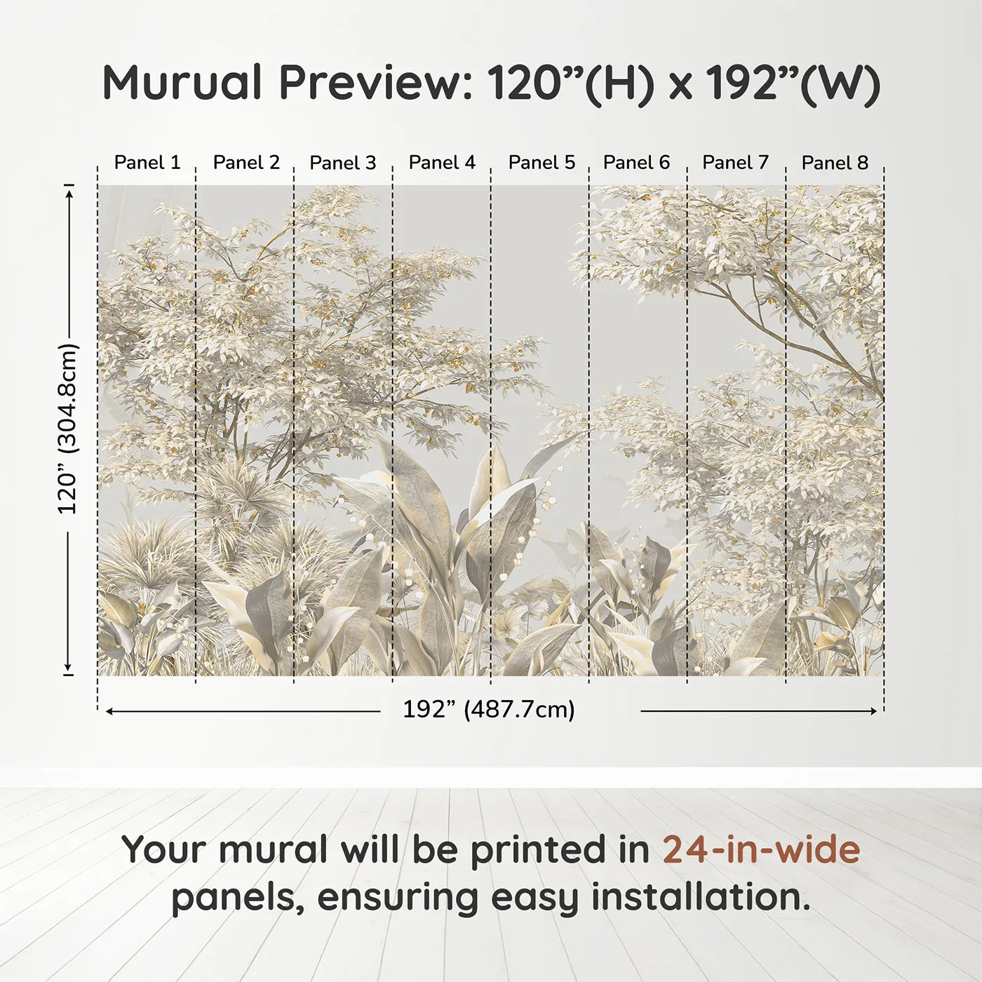 Whimsy Tots Golden Grove Wall Muraldimension view (120" H x 192" W). Printed in eight 24-inch-wide panels. Gender-Neutral