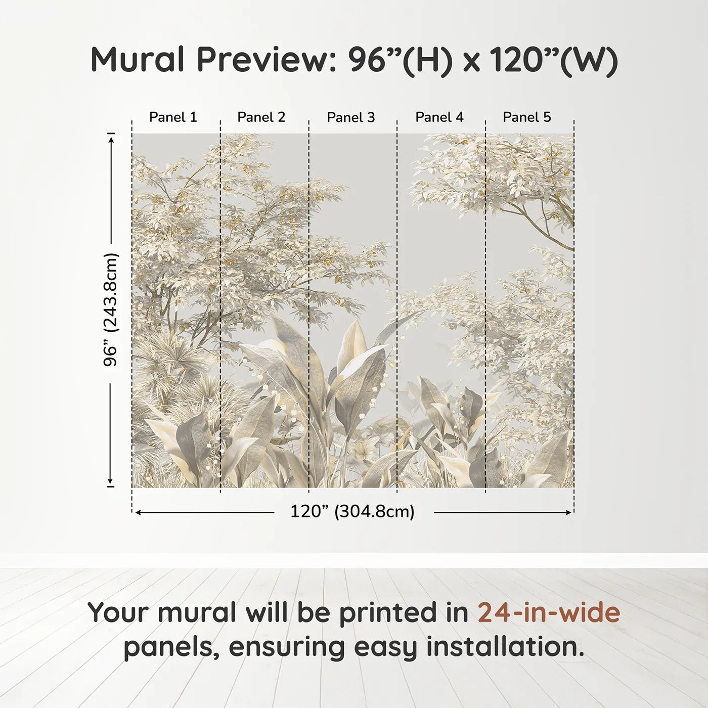 Whimsy Tots Golden Grove Wall Muraldimension view (96" H x 120" W). Printed in five 24-inch-wide panels. Gender-Neutral