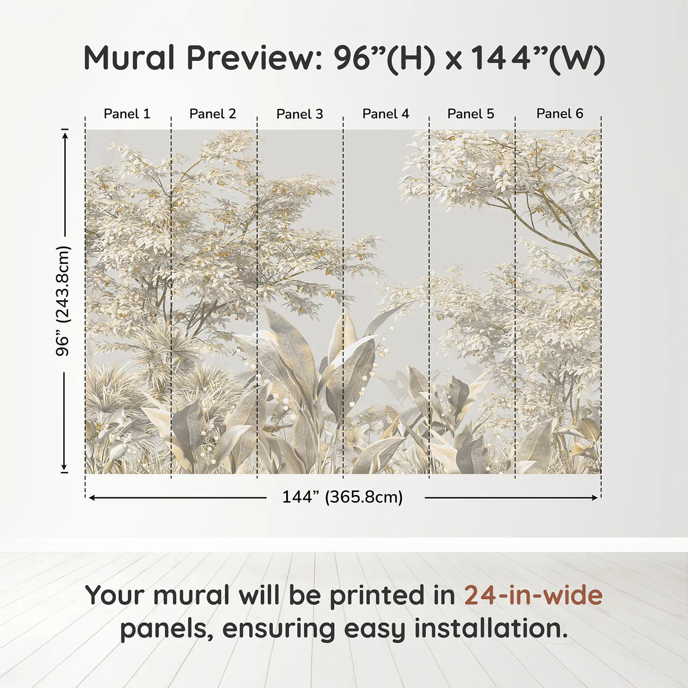 Whimsy Tots Golden Grove Wall Muraldimension view (96" H x 144" W). Printed in six 24-inch-wide panels. Gender-Neutral