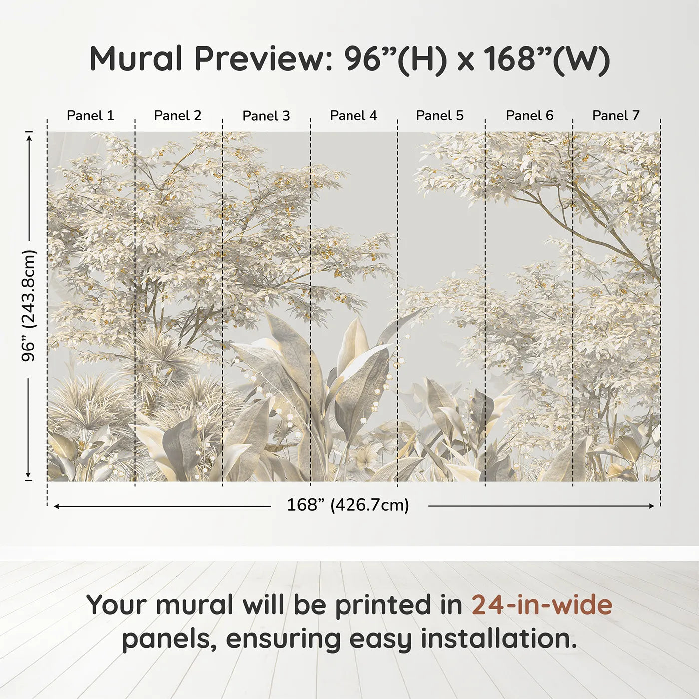 Whimsy Tots Golden Grove Wall Muraldimension view (96" H x 168" W). Printed in seven 24-inch-wide panels. Gender-Neutral