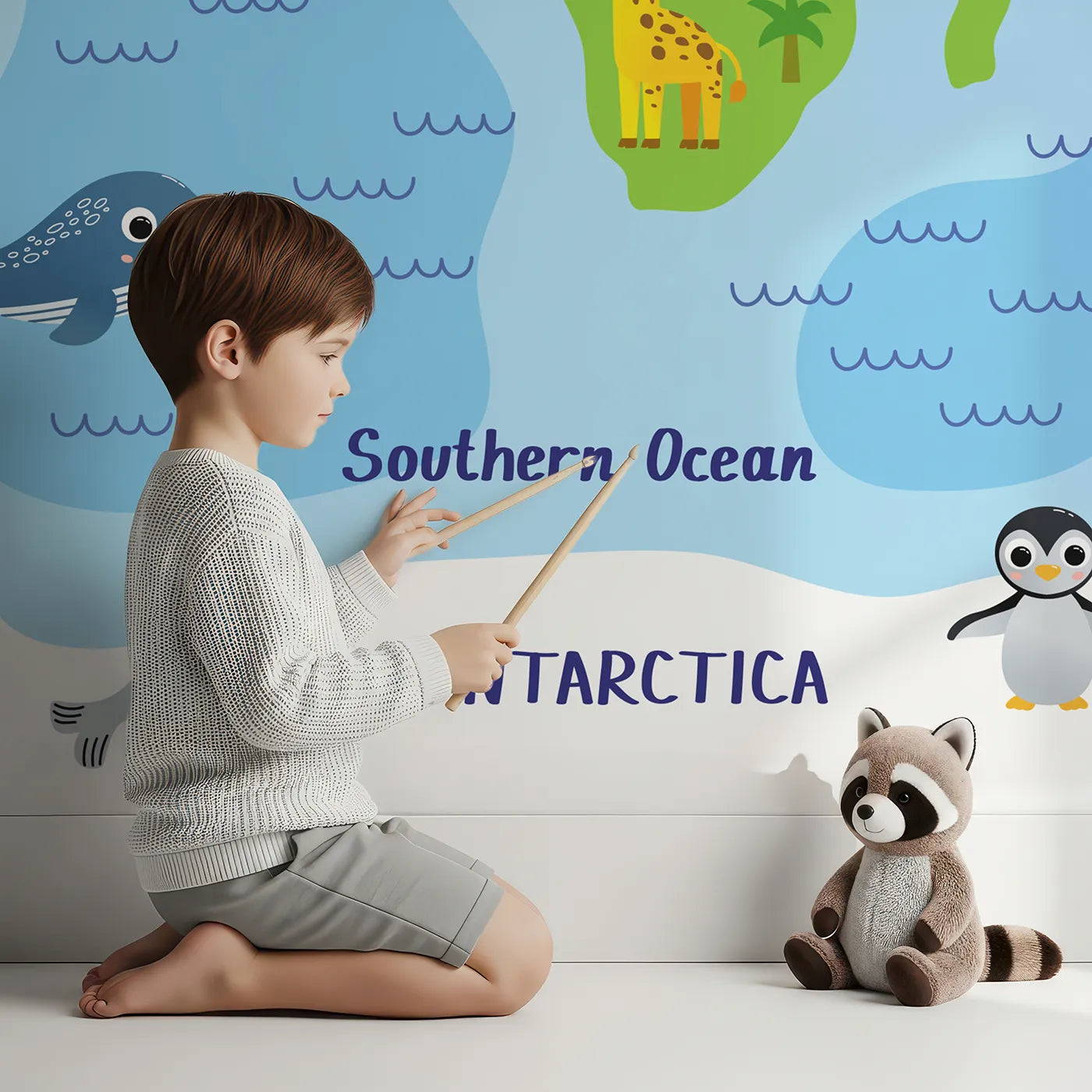 Child in front of Whimsy Tots Happy Animal World Map Wall Mural with map, world, animal, cute, educational, cartoon, safari, ocean in design.
