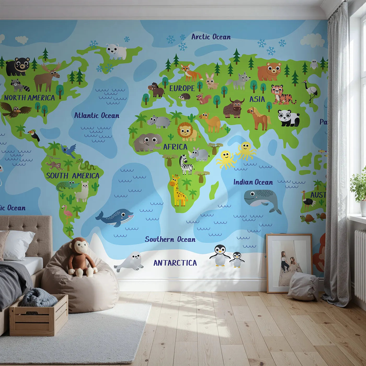 Front view of Whimsy Tots' Happy Animal World Map Wall Mural