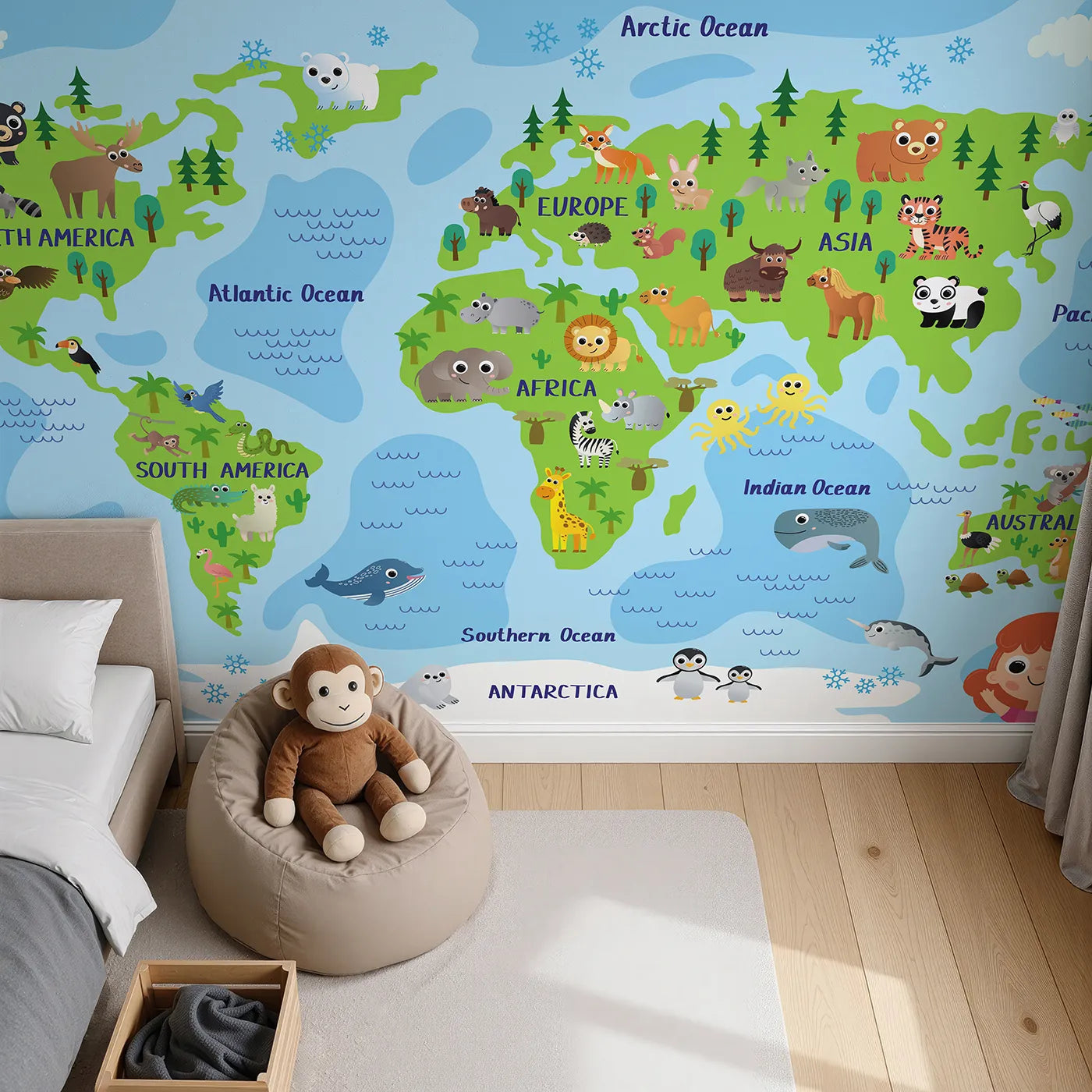 Top-down view of Whimsy Tots' Happy Animal World Map Wall Mural (Turn Their Room into a Fun and Friendly Global Tour).Gender-Neutral