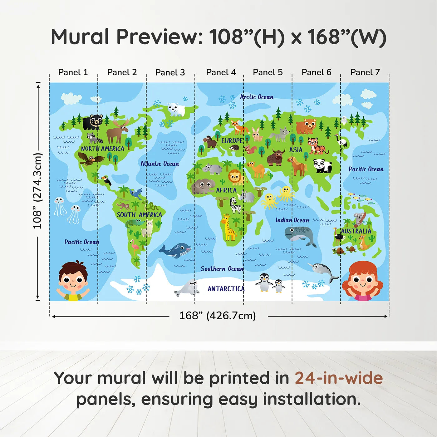 Whimsy Tots Happy Animal World Map Wall Muraldimension view (108" H x 168" W). Printed in seven 24-inch-wide panels. Gender-Neutral