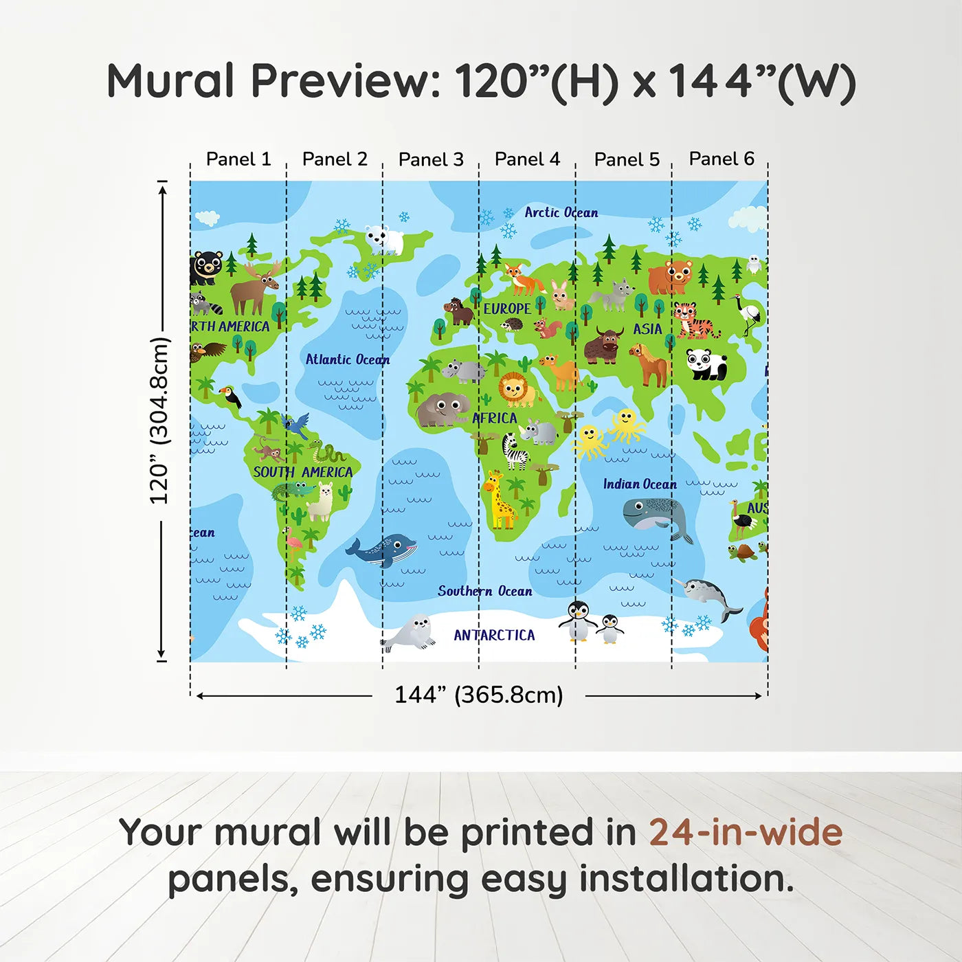 Whimsy Tots Happy Animal World Map Wall Muraldimension view (120" H x 144" W). Printed in six 24-inch-wide panels. Gender-Neutral
