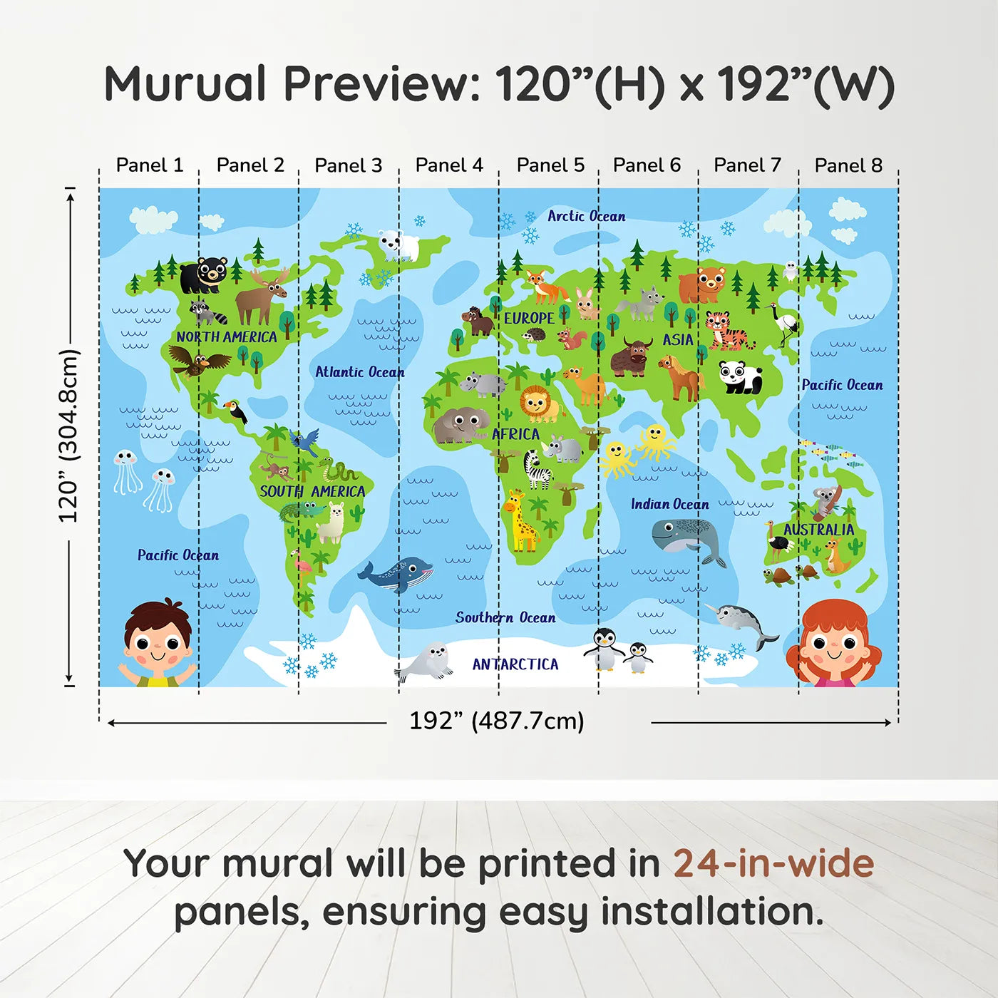 Whimsy Tots Happy Animal World Map Wall Muraldimension view (120" H x 192" W). Printed in eight 24-inch-wide panels. Gender-Neutral