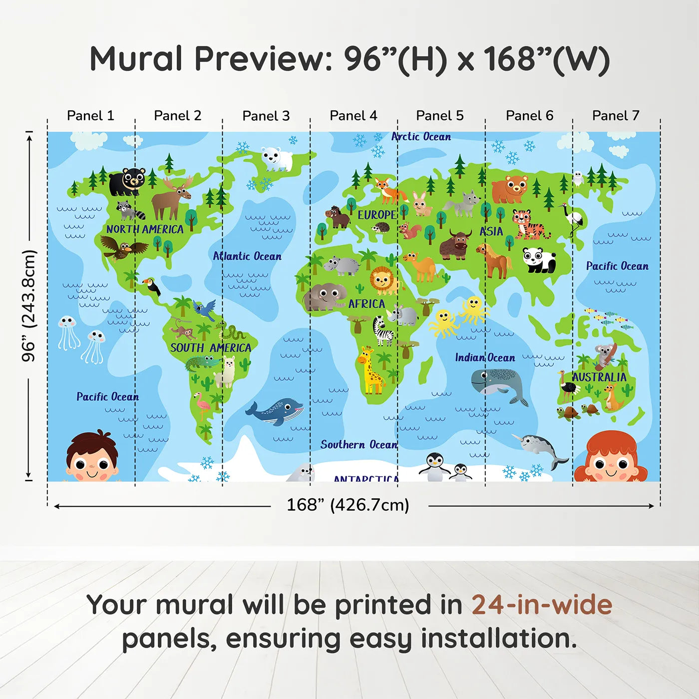 Whimsy Tots Happy Animal World Map Wall Muraldimension view (96" H x 168" W). Printed in seven 24-inch-wide panels. Gender-Neutral