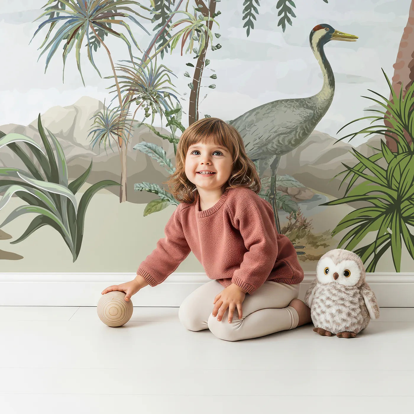 Child in front of Whimsy Tots Chinoiserie Mountain Garden Wall Mural with chinoiserie, vintage, floral, flower, bird, tree, mountain, classic in design.