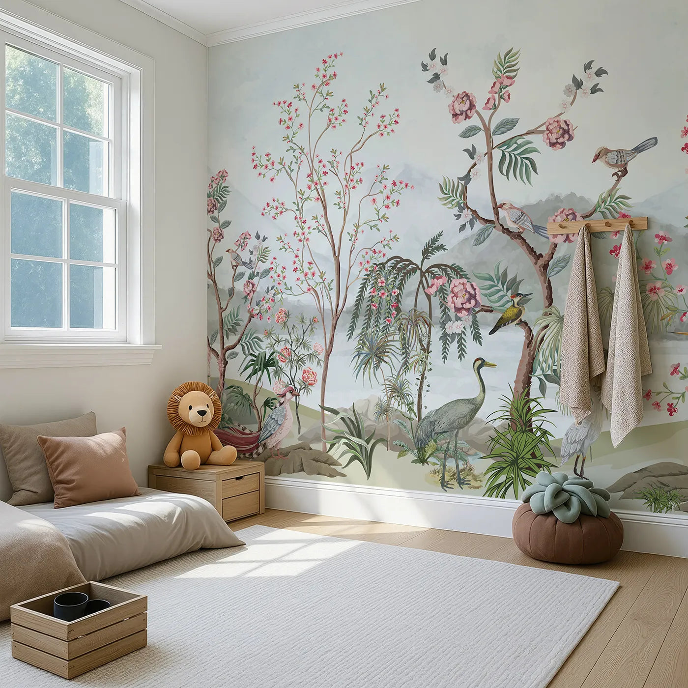 Angled view of Whimsy Tots' Chinoiserie Mountain Garden Wall Mural (Turn Their Room into an Elegant, Hand-Painted Paradise).Gender-Neutral