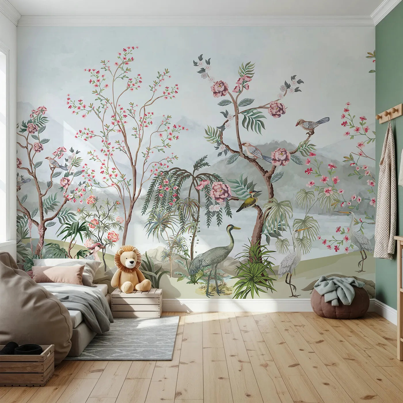 Front view of Whimsy Tots' Chinoiserie Mountain Garden Wall Mural