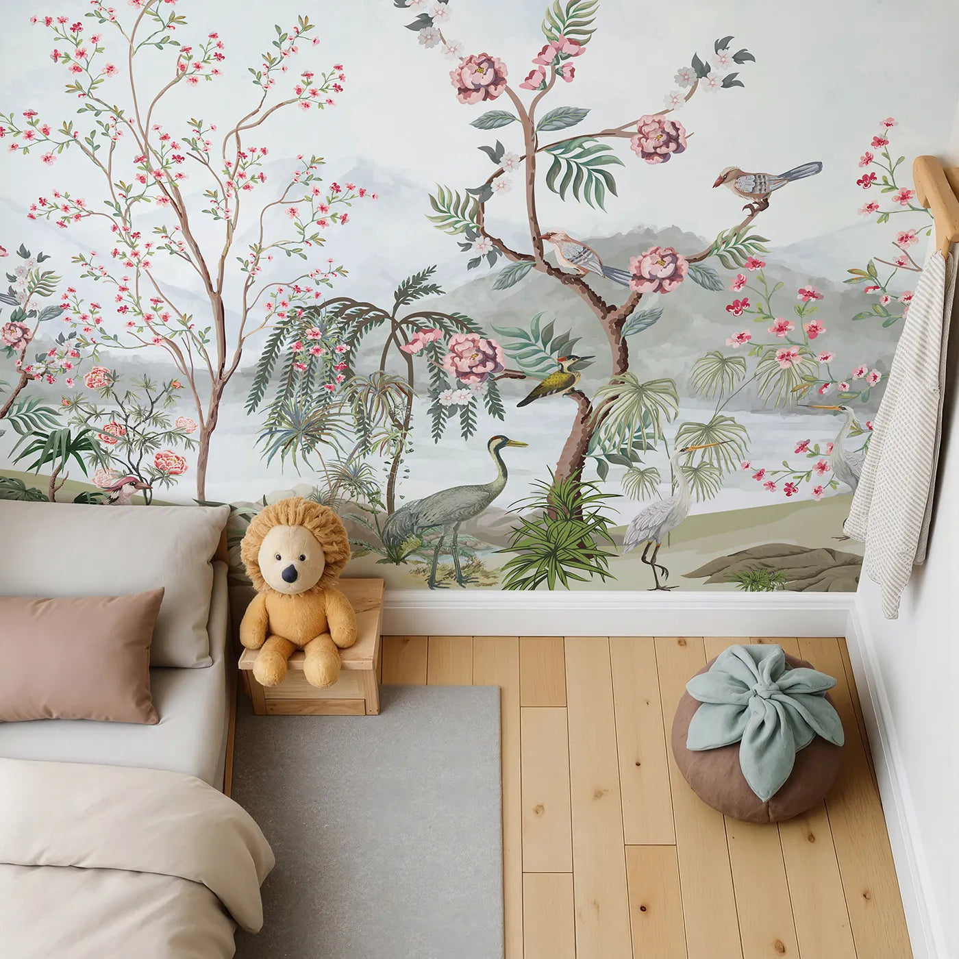 Top-down view of Whimsy Tots' Chinoiserie Mountain Garden Wall Mural (Turn Their Room into an Elegant, Hand-Painted Paradise).Gender-Neutral