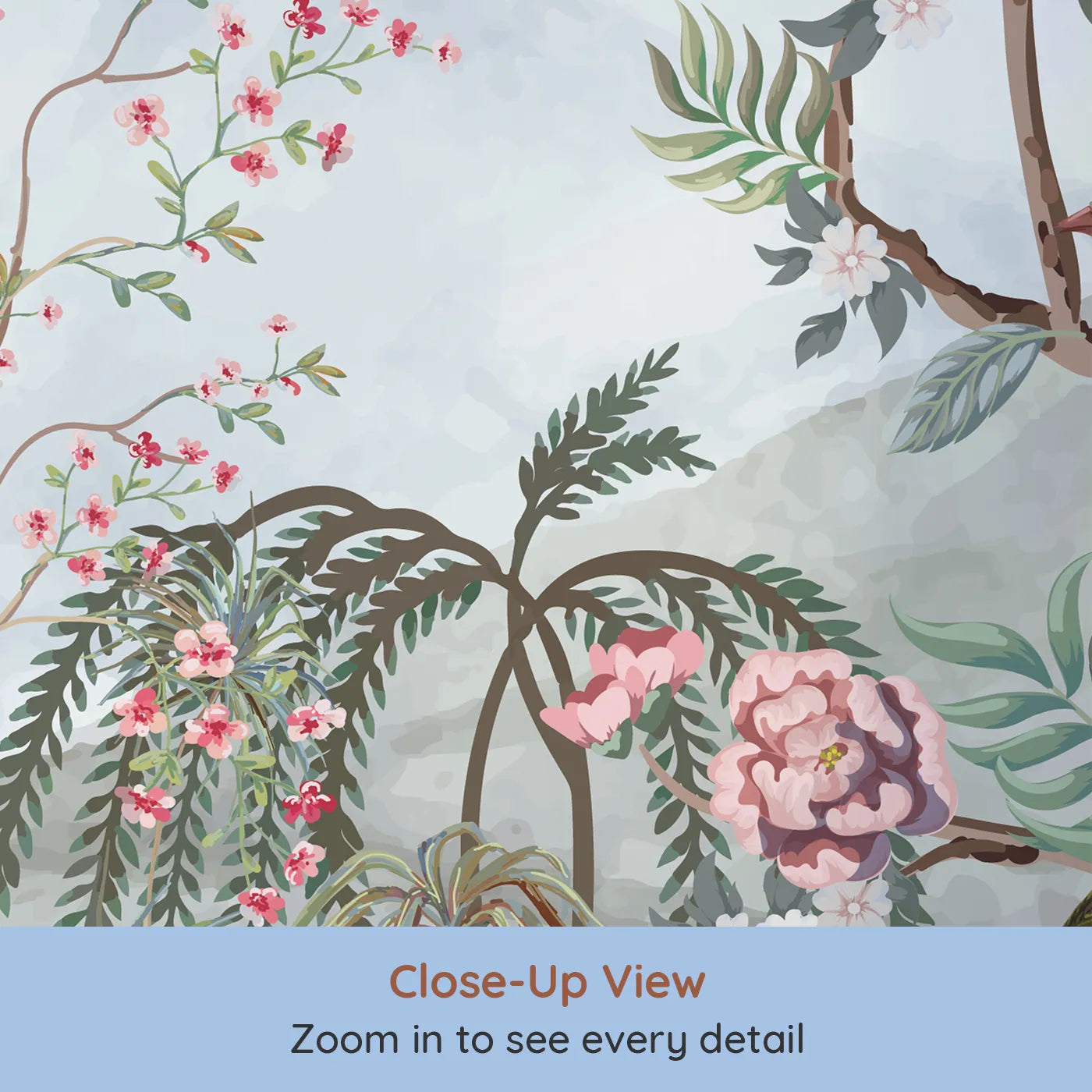 Close-up view of Whimsy Tots' Chinoiserie Mountain Garden Wall Mural (Turn Their Room into an Elegant, Hand-Painted Paradise).Gender-Neutral
