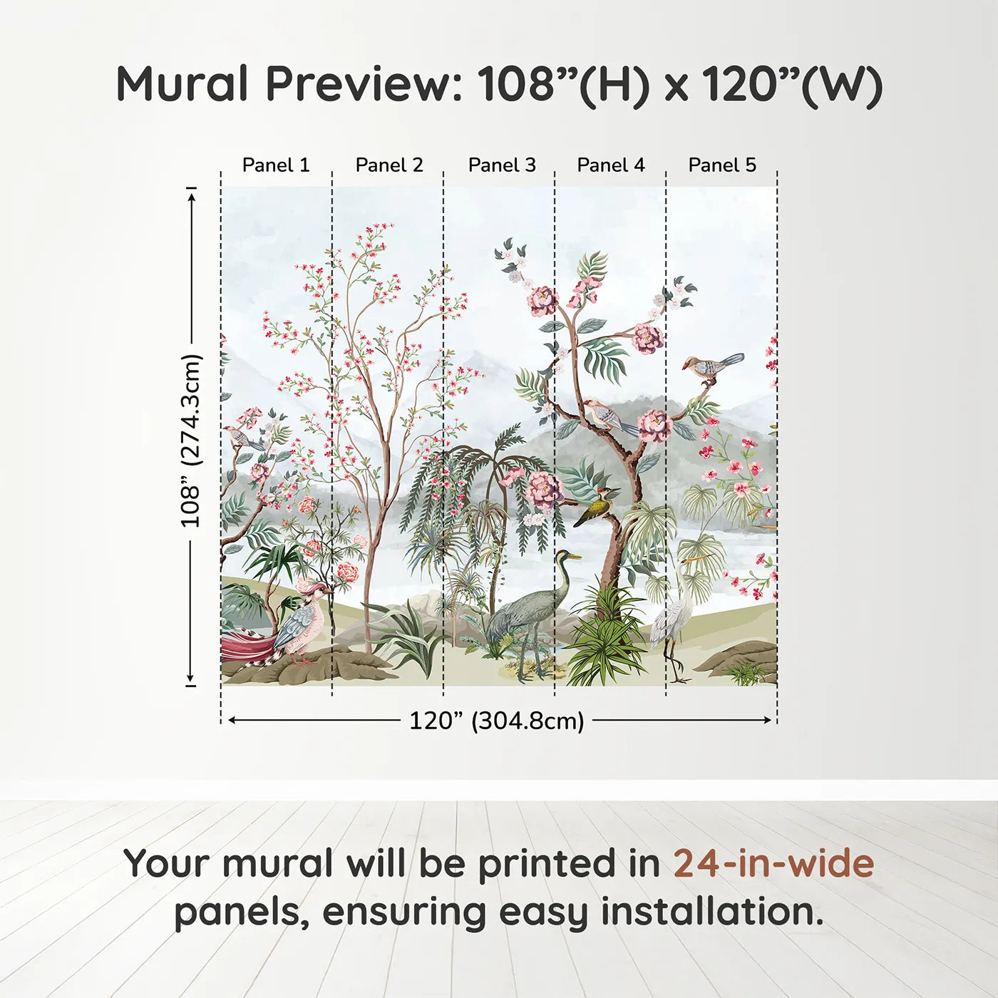 Whimsy Tots Chinoiserie Mountain Garden Wall Muraldimension view (108" H x 120" W). Printed in five 24-inch-wide panels. Gender-Neutral