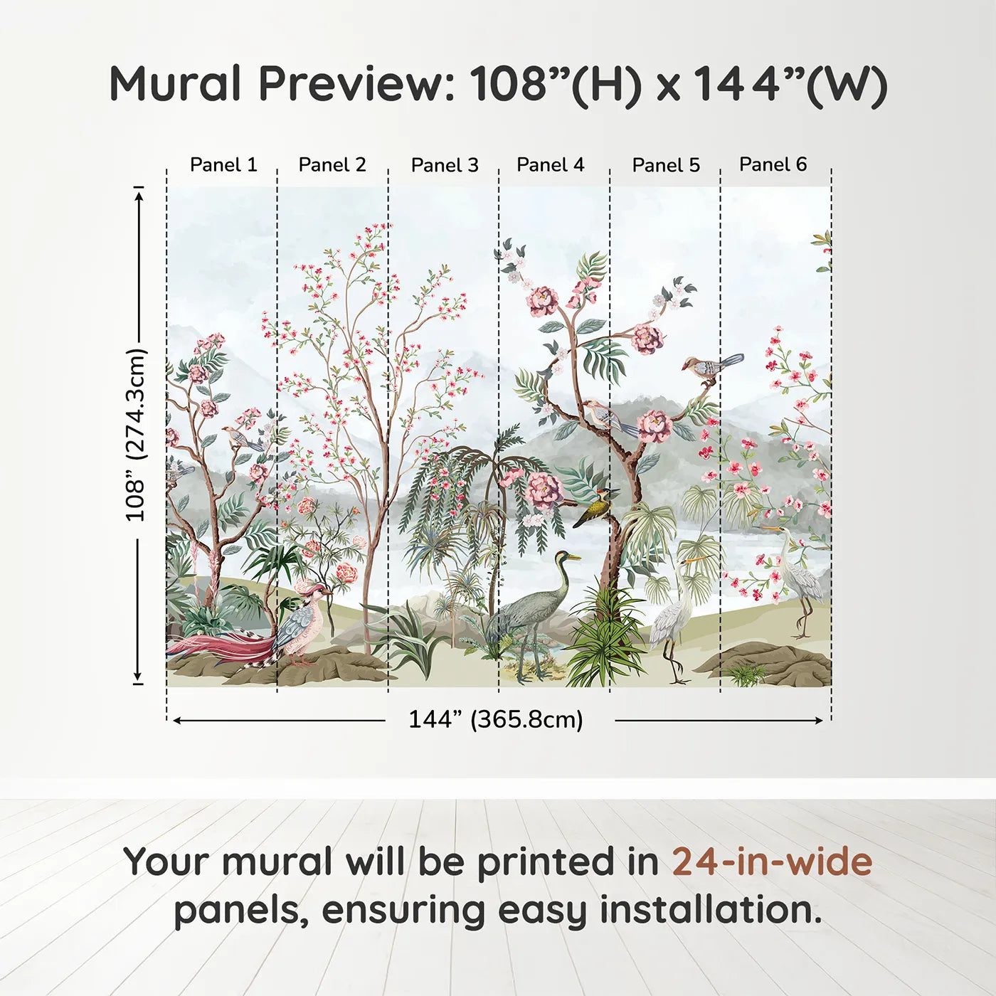Whimsy Tots Chinoiserie Mountain Garden Wall Muraldimension view (108" H x 144" W). Printed in six 24-inch-wide panels. Gender-Neutral