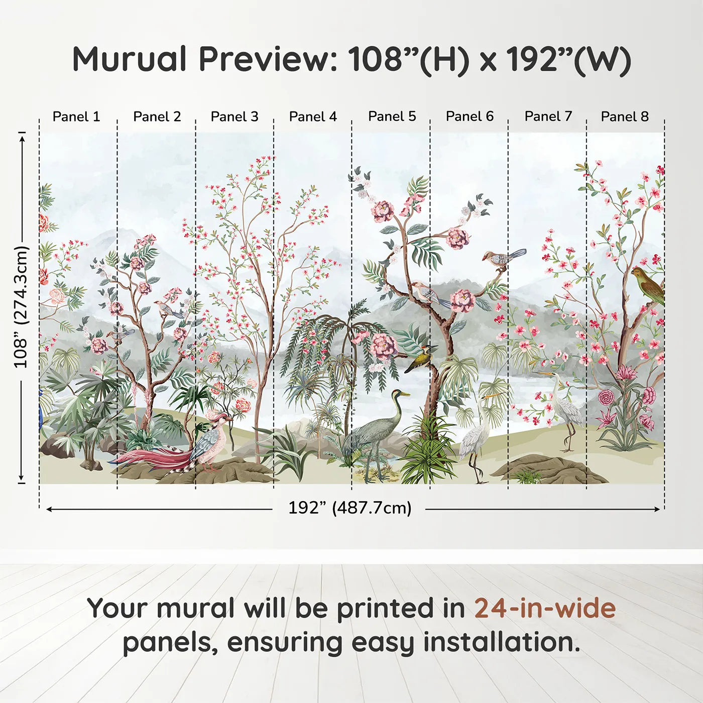 Whimsy Tots Chinoiserie Mountain Garden Wall Muraldimension view (108" H x 192" W). Printed in eight 24-inch-wide panels. Gender-Neutral