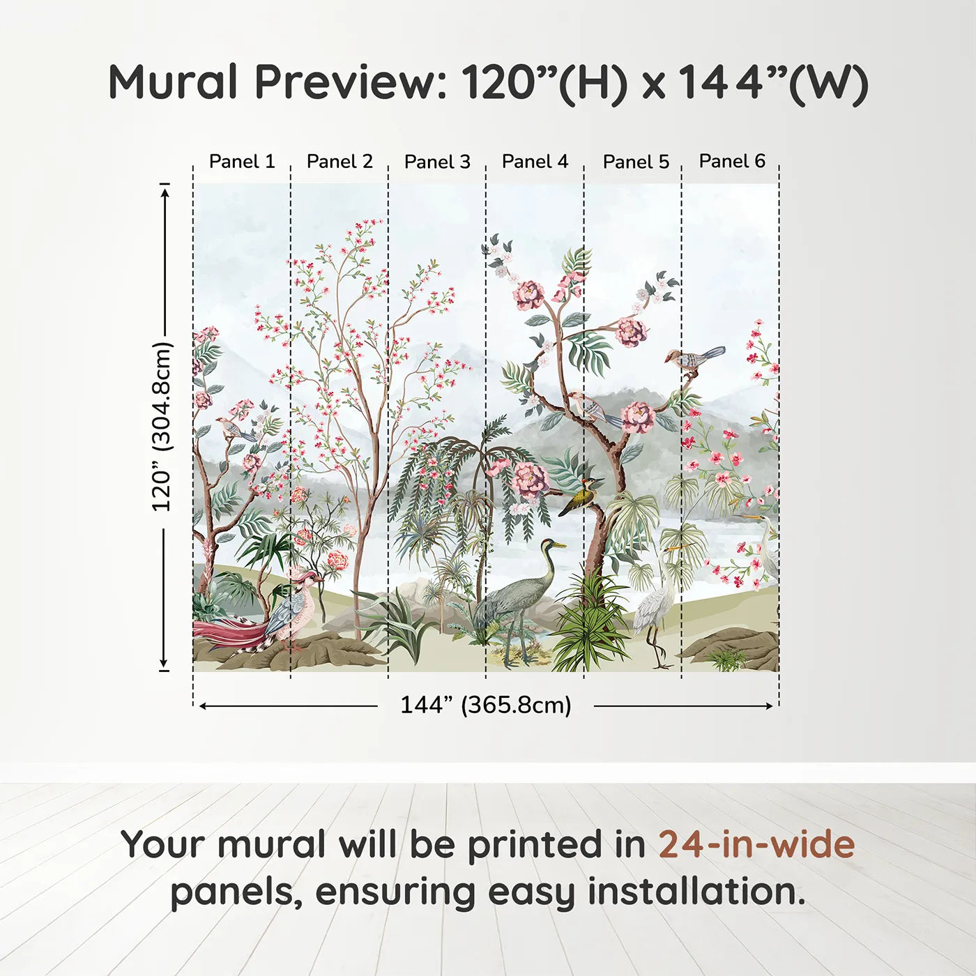 Whimsy Tots Chinoiserie Mountain Garden Wall Muraldimension view (120" H x 144" W). Printed in six 24-inch-wide panels. Gender-Neutral