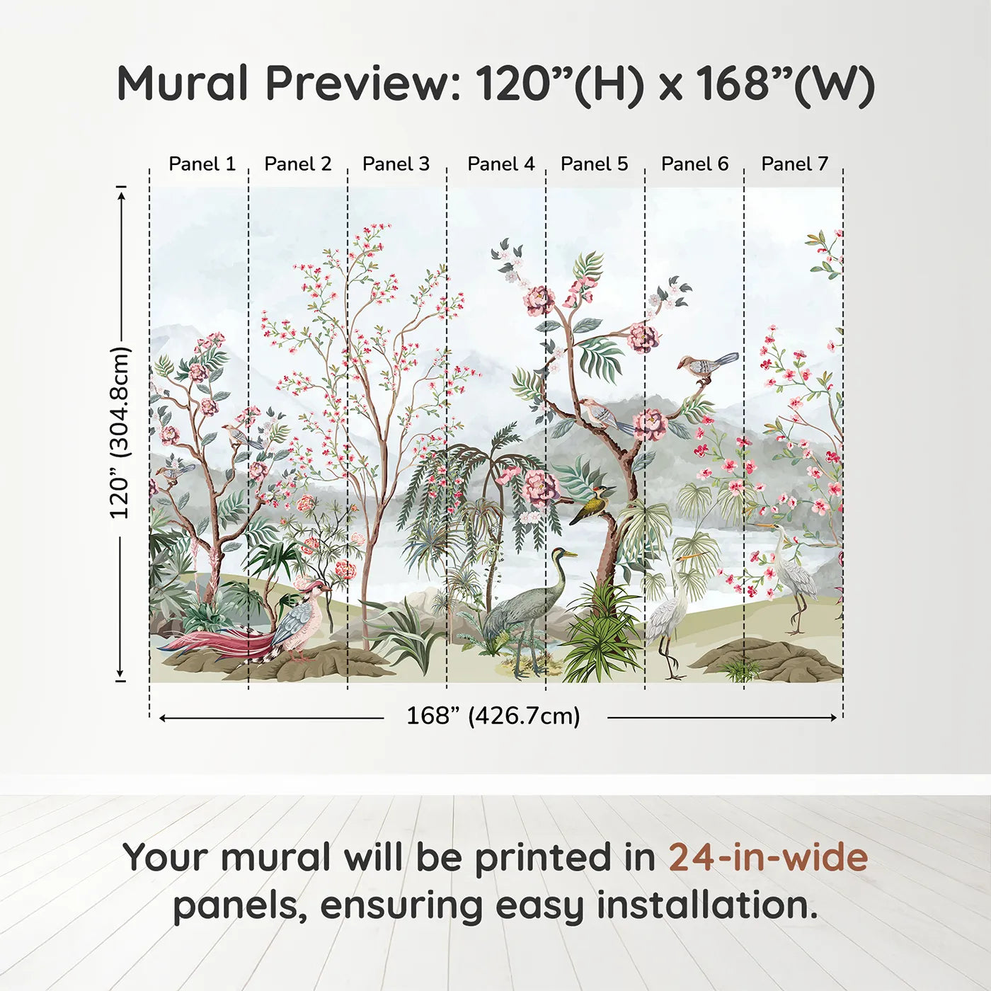 Whimsy Tots Chinoiserie Mountain Garden Wall Muraldimension view (120" H x 168" W). Printed in seven 24-inch-wide panels. Gender-Neutral