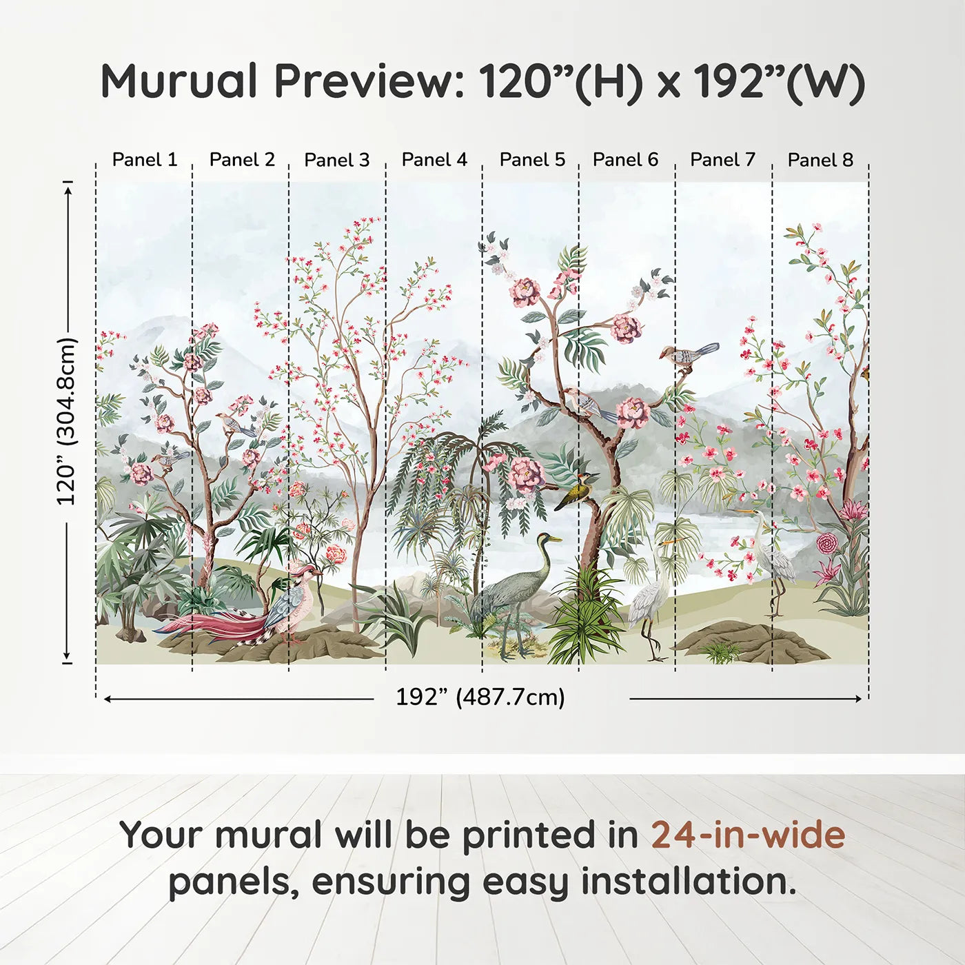 Whimsy Tots Chinoiserie Mountain Garden Wall Muraldimension view (120" H x 192" W). Printed in eight 24-inch-wide panels. Gender-Neutral