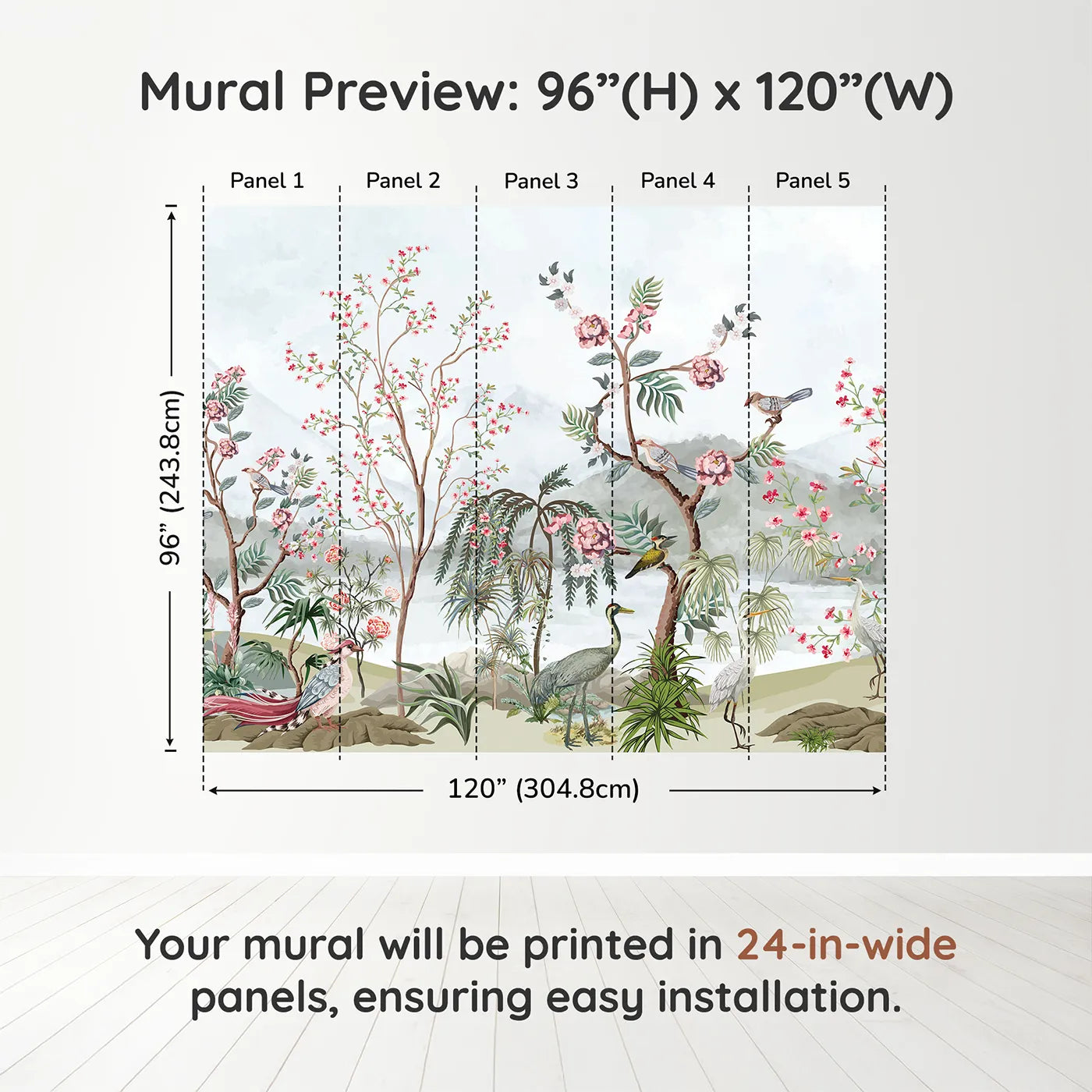 Whimsy Tots Chinoiserie Mountain Garden Wall Muraldimension view (96" H x 120" W). Printed in five 24-inch-wide panels. Gender-Neutral