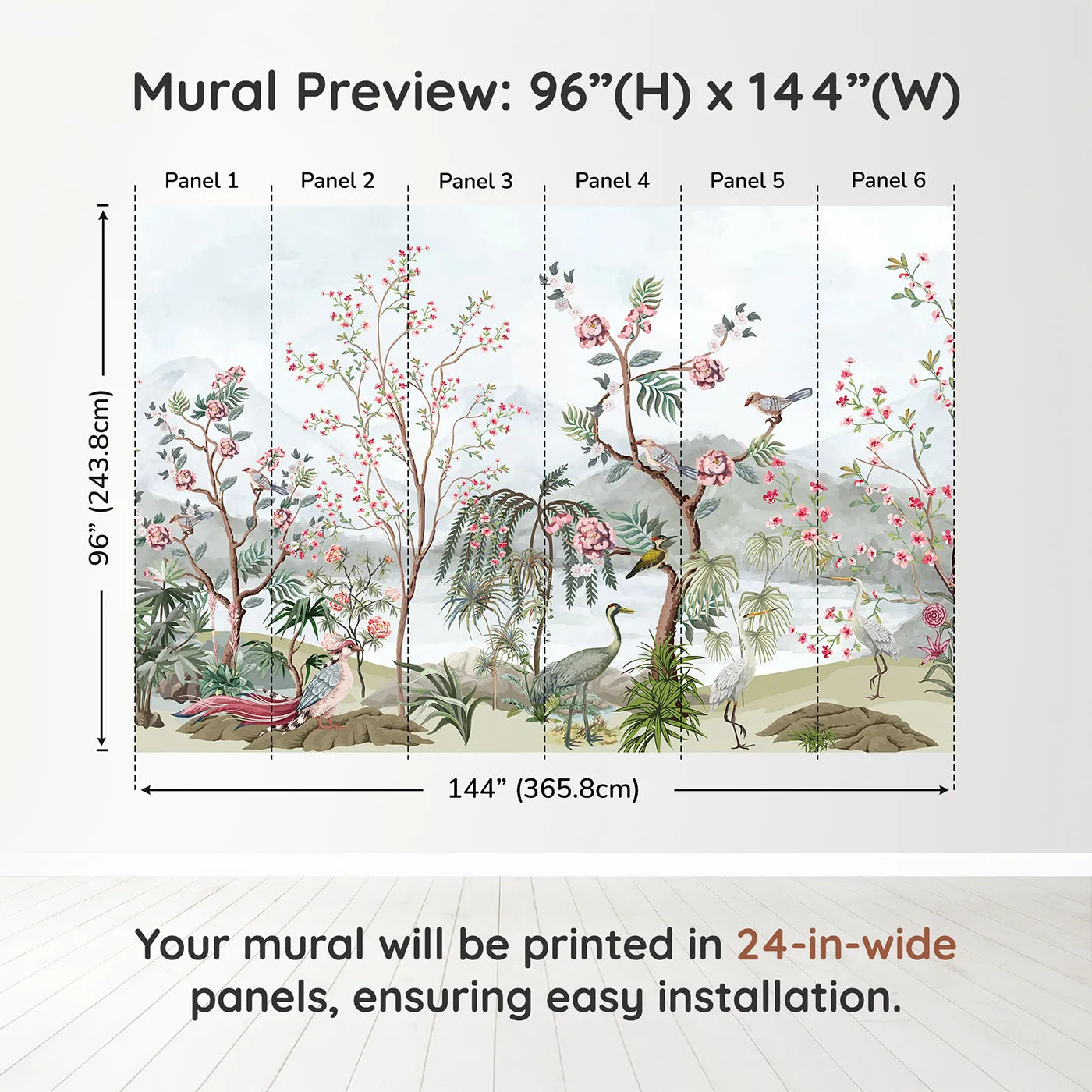 Whimsy Tots Chinoiserie Mountain Garden Wall Muraldimension view (96" H x 144" W). Printed in six 24-inch-wide panels. Gender-Neutral