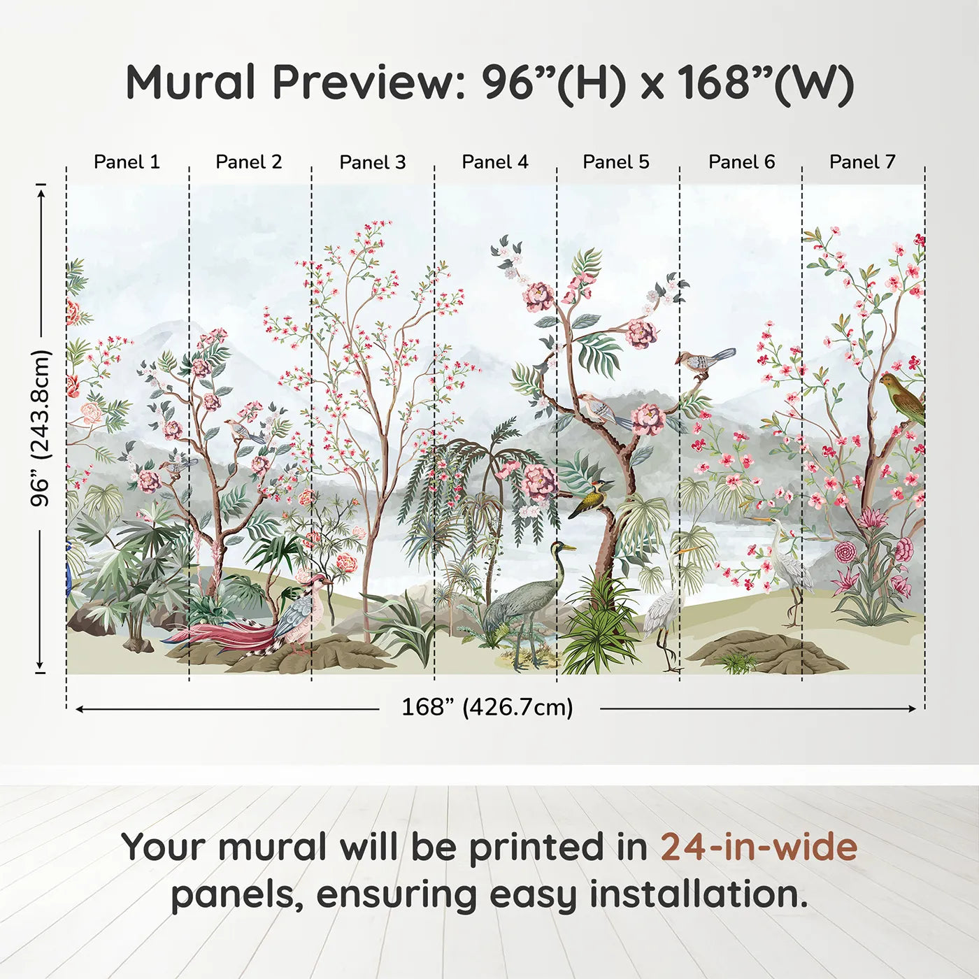 Whimsy Tots Chinoiserie Mountain Garden Wall Muraldimension view (96" H x 168" W). Printed in seven 24-inch-wide panels. Gender-Neutral