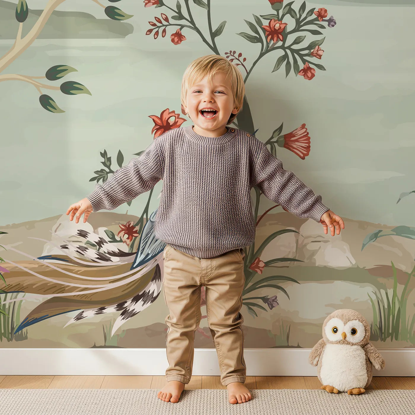 Child in front of Whimsy Tots Exotic Bird Paradise Wall Mural in Color with chinoiserie, vintage, floral, bird, exotic, tropical, classic, elegant in design.
