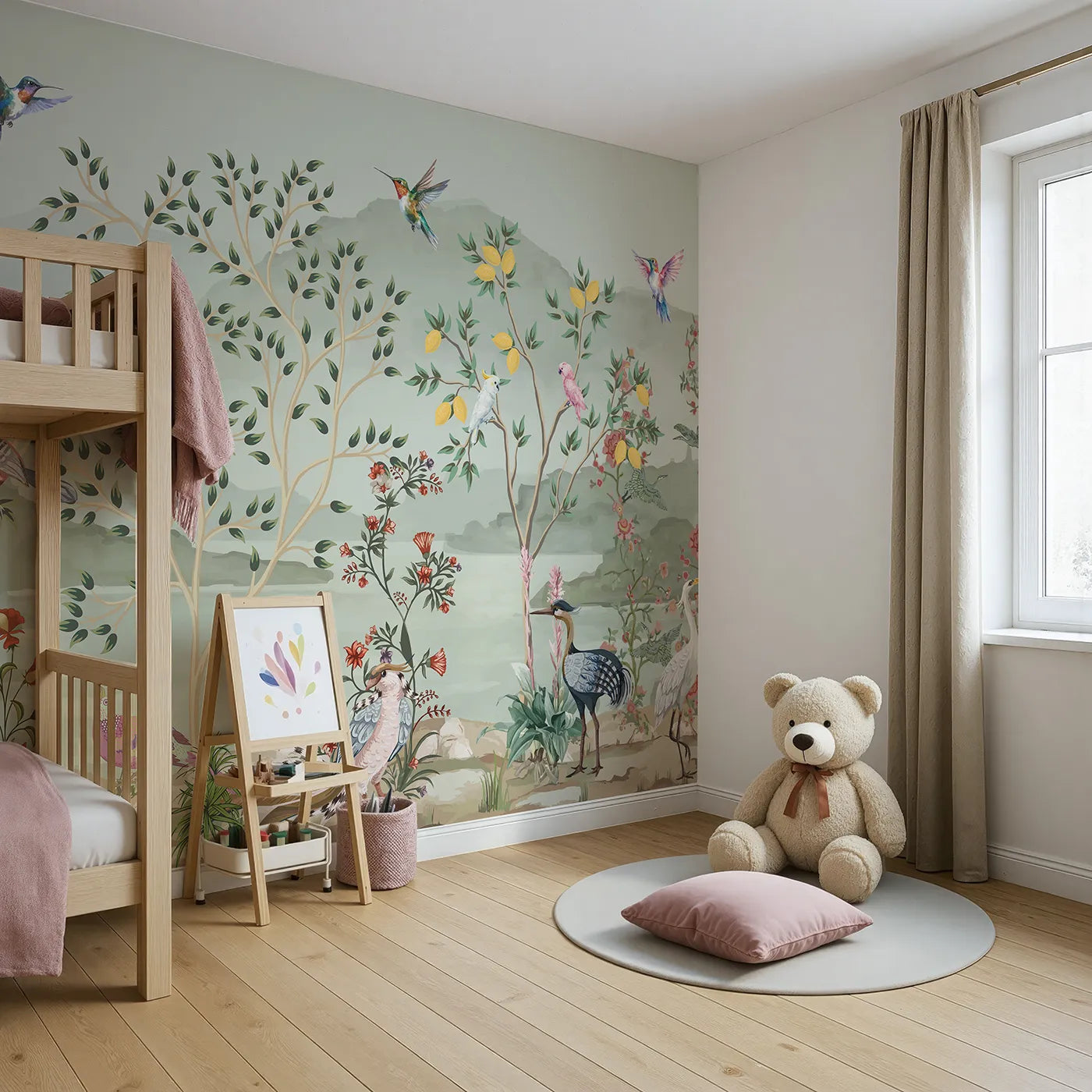 Angled view of Whimsy Tots' Exotic Bird Paradise Wall Mural in Color (Turn Their Room into a Lush, Hand-Painted Paradise).Gender-Neutral