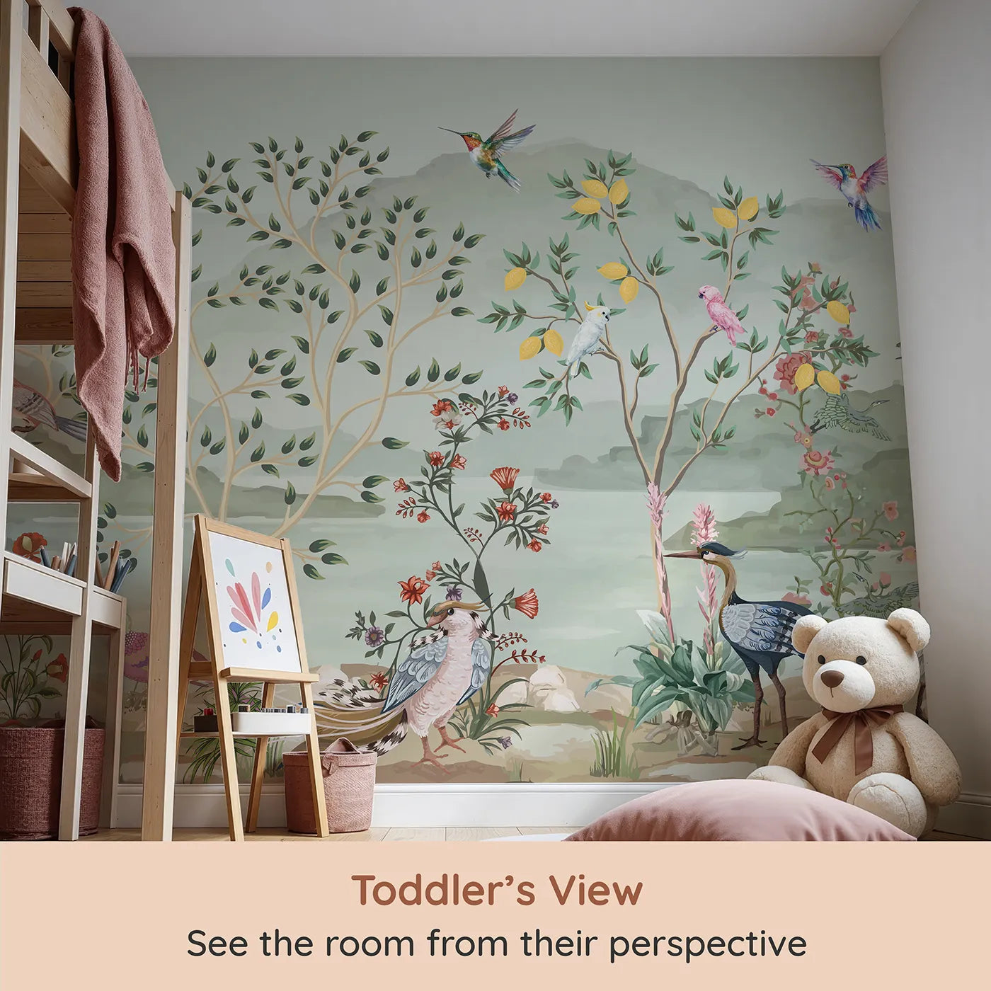 Whimsy Tots Exotic Bird Paradise Wall Mural in Color (Turn Their Room into a Lush, Hand-Painted Paradise) from your child's view.Gender-Neutral