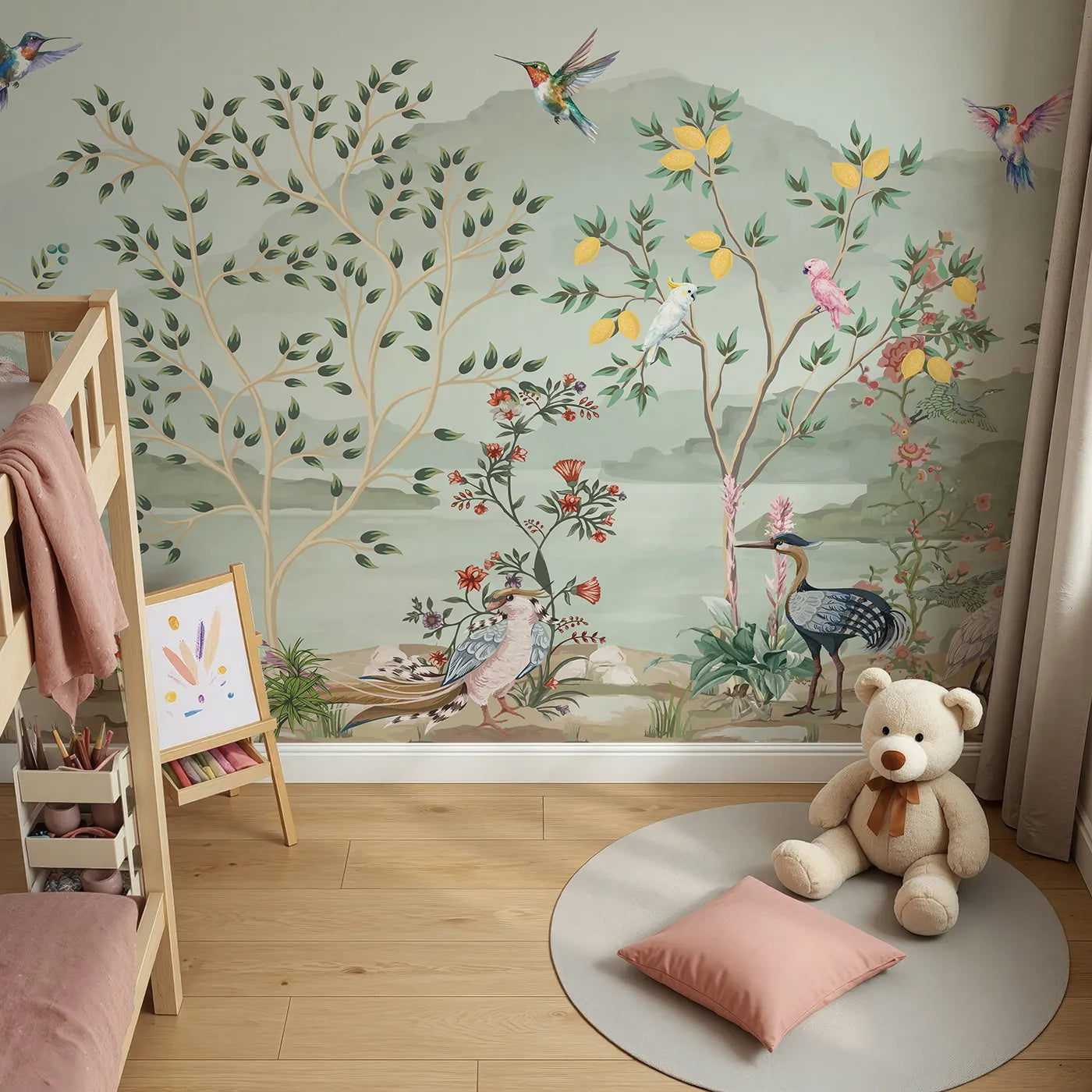 Top-down view of Whimsy Tots' Exotic Bird Paradise Wall Mural in Color (Turn Their Room into a Lush, Hand-Painted Paradise).Gender-Neutral
