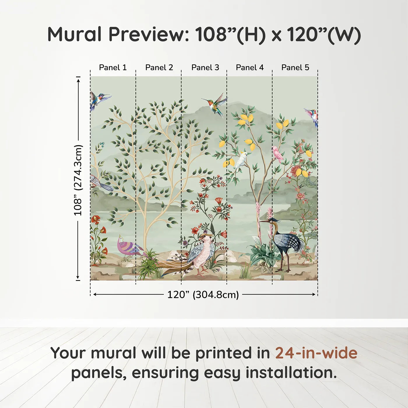 Whimsy Tots Exotic Bird Paradise Wall Mural in Colordimension view (108" H x 120" W). Printed in five 24-inch-wide panels. Gender-Neutral