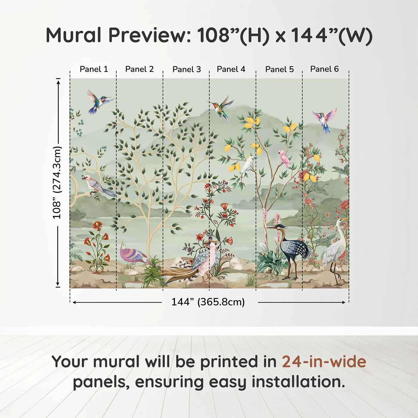 Whimsy Tots Exotic Bird Paradise Wall Mural in Colordimension view (108" H x 144" W). Printed in six 24-inch-wide panels. Gender-Neutral