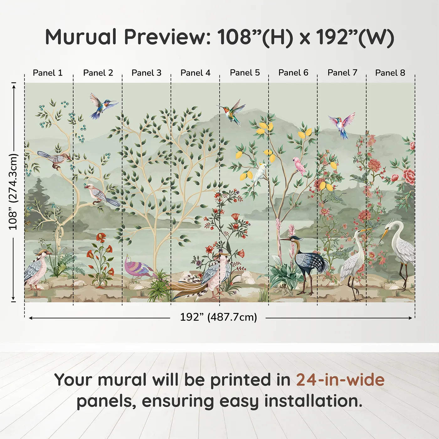 Whimsy Tots Exotic Bird Paradise Wall Mural in Colordimension view (108" H x 192" W). Printed in eight 24-inch-wide panels. Gender-Neutral