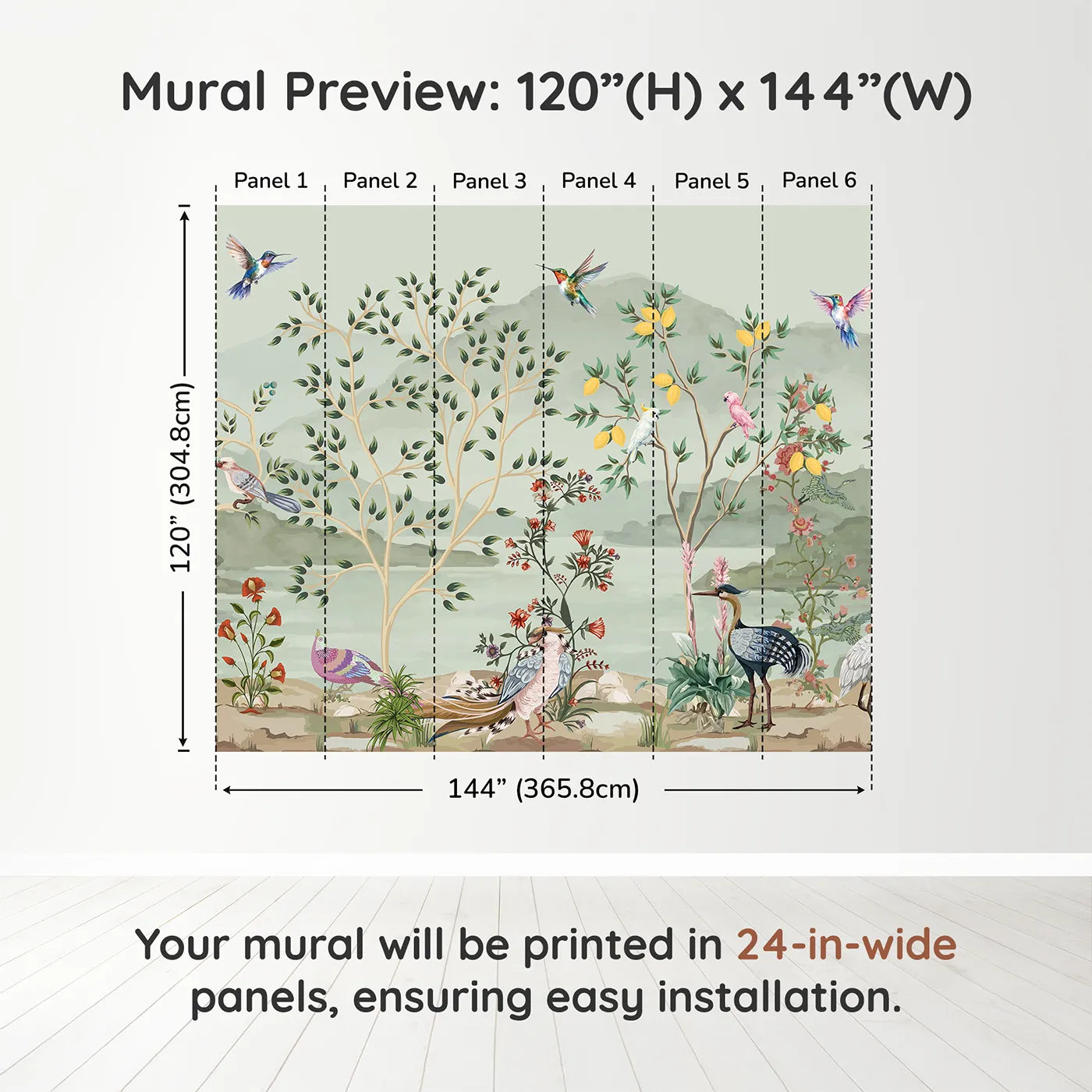 Whimsy Tots Exotic Bird Paradise Wall Mural in Colordimension view (120" H x 144" W). Printed in six 24-inch-wide panels. Gender-Neutral