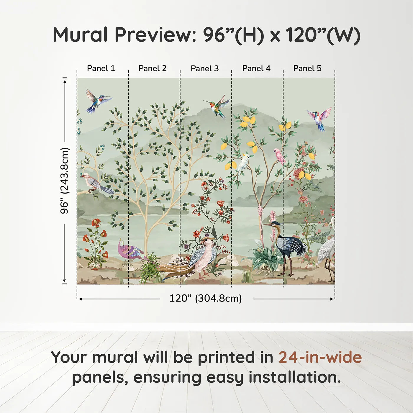 Whimsy Tots Exotic Bird Paradise Wall Mural in Colordimension view (96" H x 120" W). Printed in five 24-inch-wide panels. Gender-Neutral