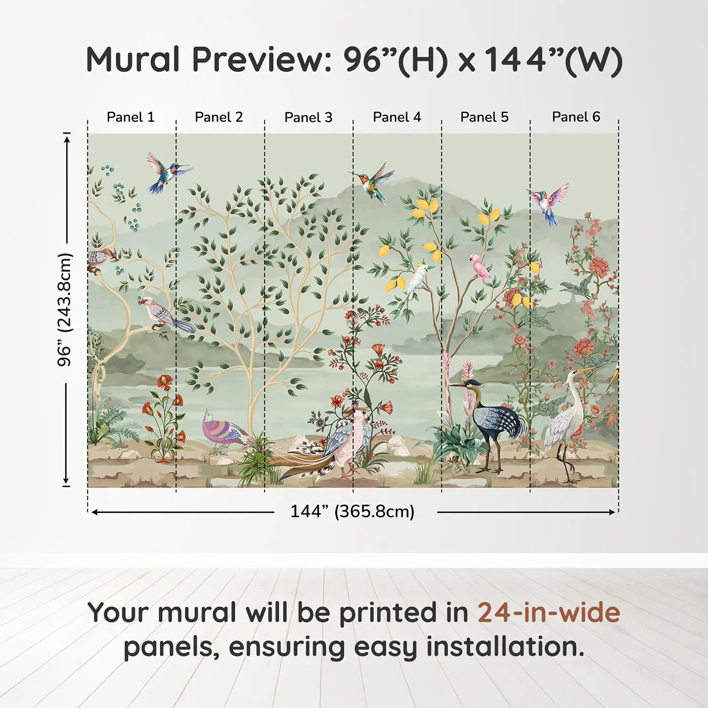 Whimsy Tots Exotic Bird Paradise Wall Mural in Colordimension view (96" H x 144" W). Printed in six 24-inch-wide panels. Gender-Neutral