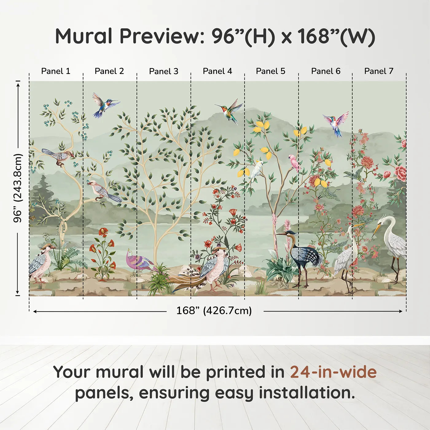 Whimsy Tots Exotic Bird Paradise Wall Mural in Colordimension view (96" H x 168" W). Printed in seven 24-inch-wide panels. Gender-Neutral