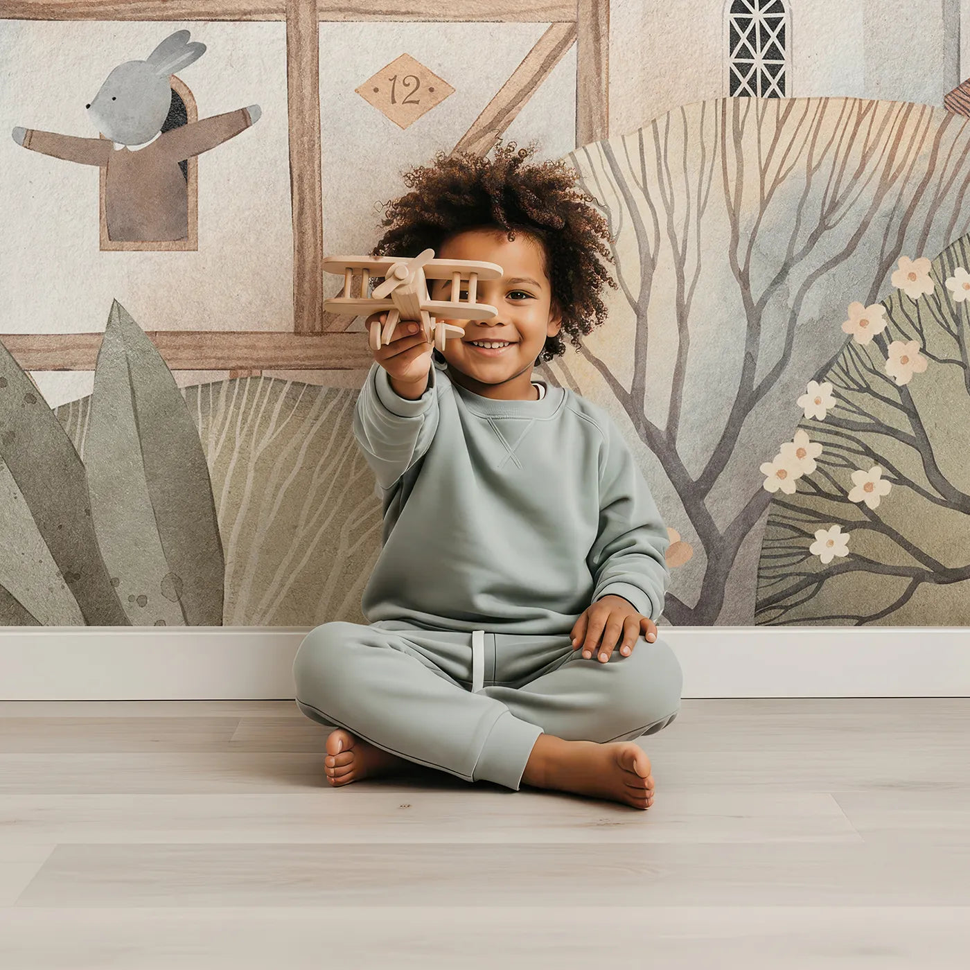 Child in front of Whimsy Tots Medieval Rabbit Town Wall Mural with castle, rabbit, village, watercolor, whimsical, medieval, cute, storybook in design.