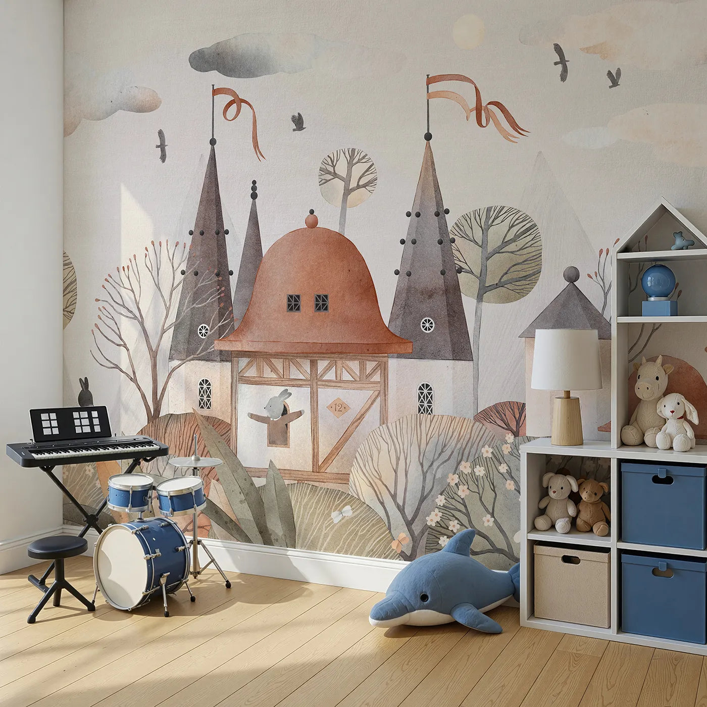Angled view of Whimsy Tots' Medieval Rabbit Town Wall Mural (Turn Their Room into a Whimsical, Storybook Kingdom).Gender-Neutral