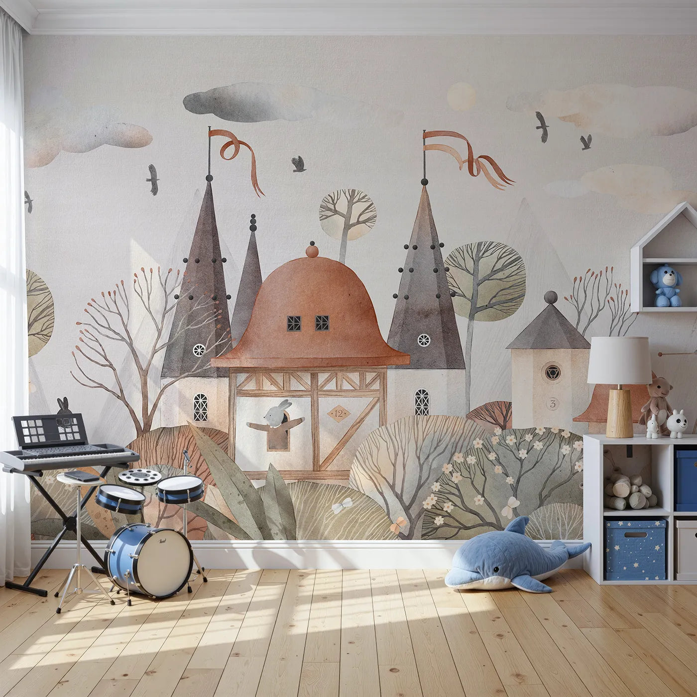 Front view of Whimsy Tots' Medieval Rabbit Town Wall Mural