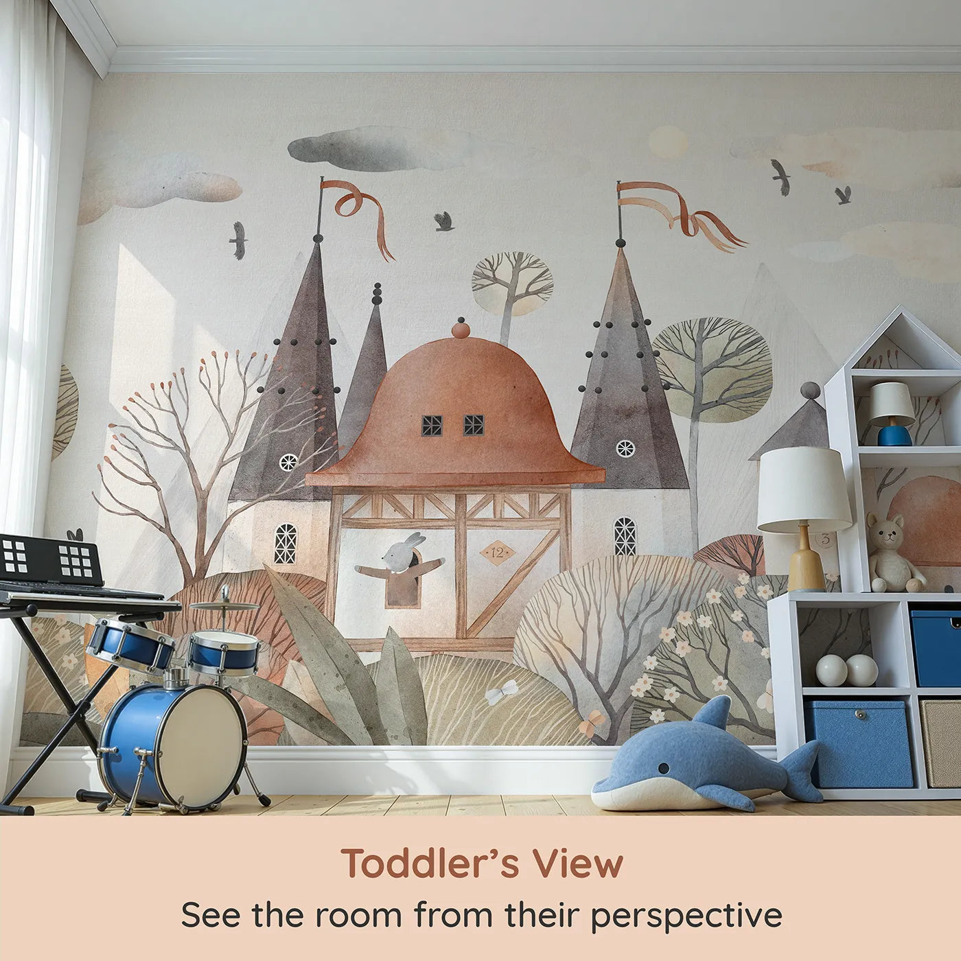Whimsy Tots Medieval Rabbit Town Wall Mural (Turn Their Room into a Whimsical, Storybook Kingdom) from your child's view.Gender-Neutral